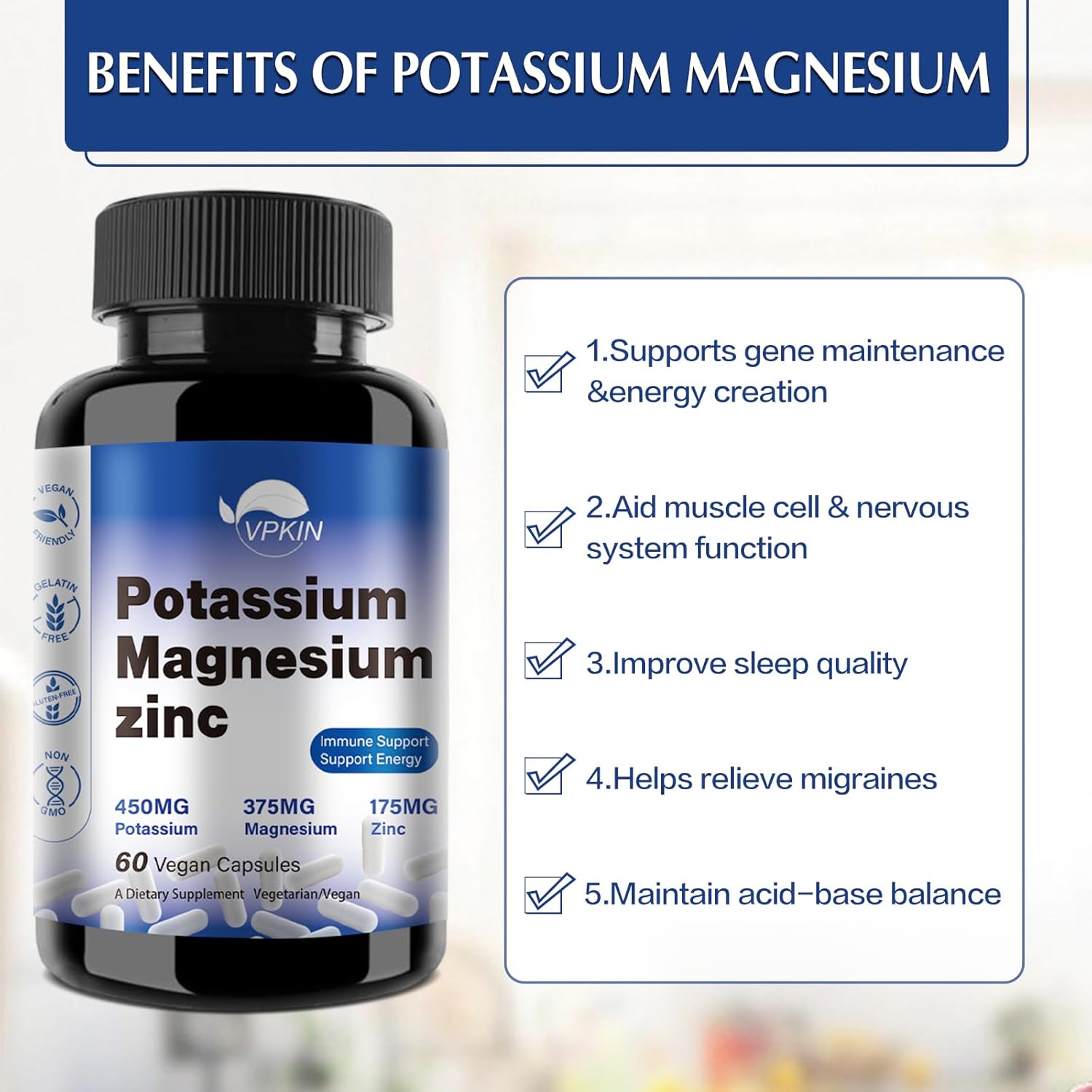 High Absorption Potassium Magnesium Zinc Complex Supplement for Leg Cramps - Vegan Capsules (60 Count)
