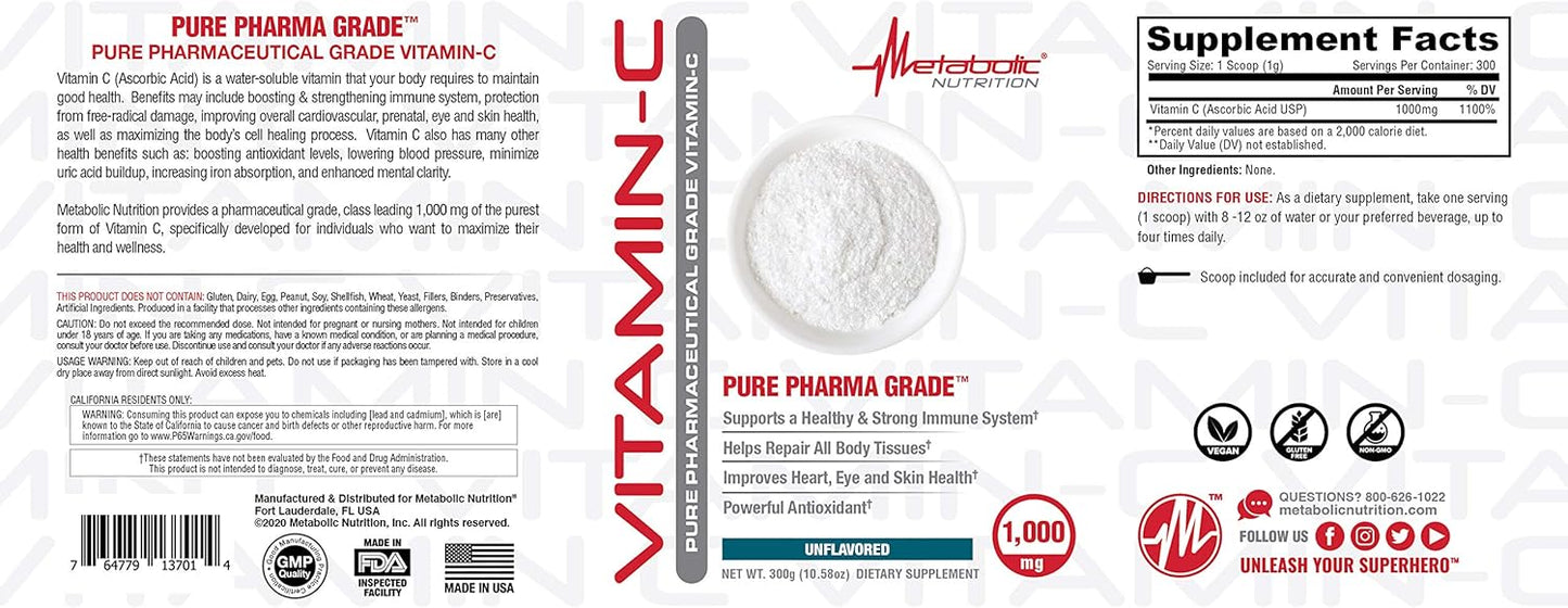 High Absorption Pure Pharma Grade Vitamin C 1000mg Supplement - Metabolic Nutrition, Ascorbic Acid (300g)