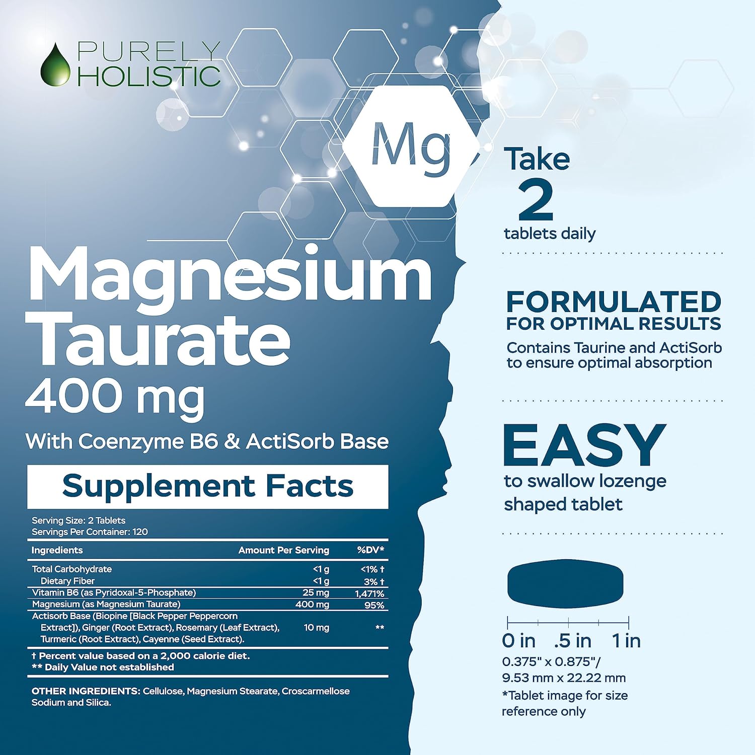 High Absorption Purely Holistic Magnesium Taurate 400mg Tablets with Coenzyme B6 - Vegan Complex for Cardiovascular, Muscle & Nerve Health - 240 Tablets