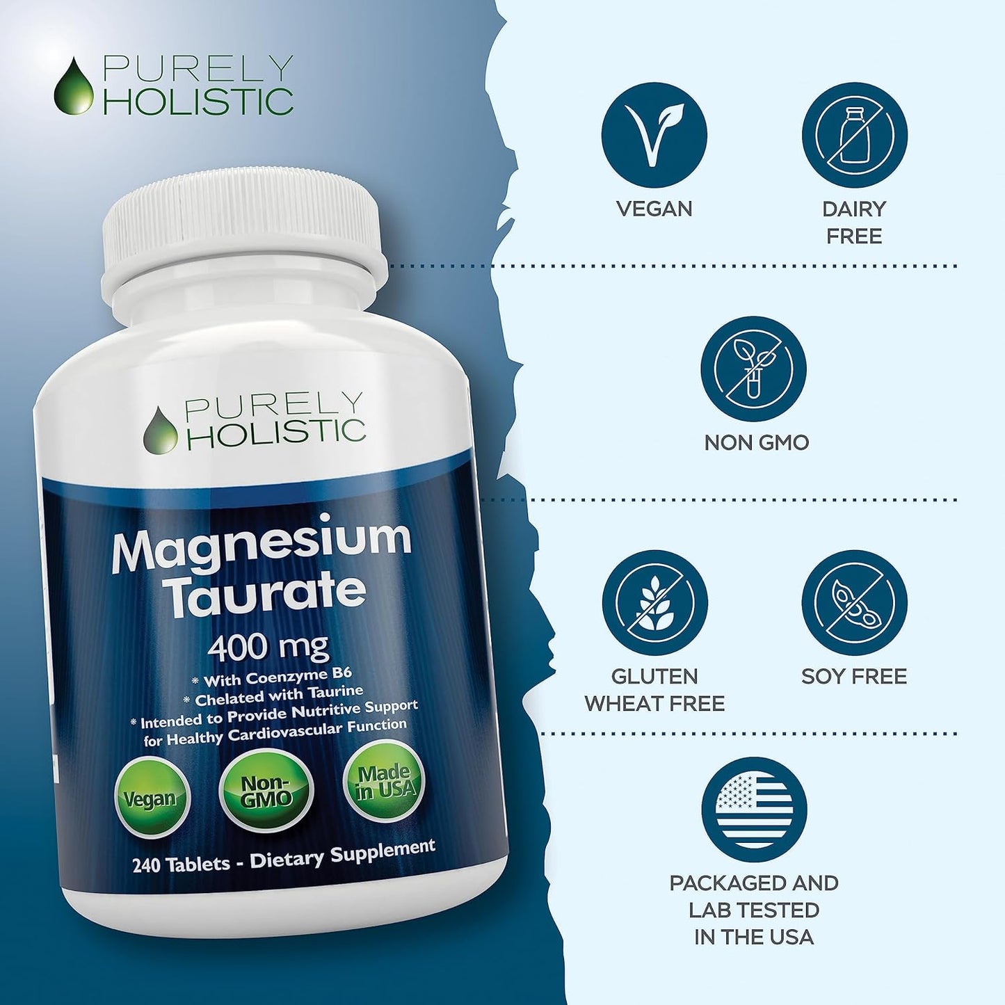 High Absorption Purely Holistic Magnesium Taurate 400mg Tablets with Coenzyme B6 - Vegan Complex for Cardiovascular, Muscle & Nerve Health - 240 Tablets