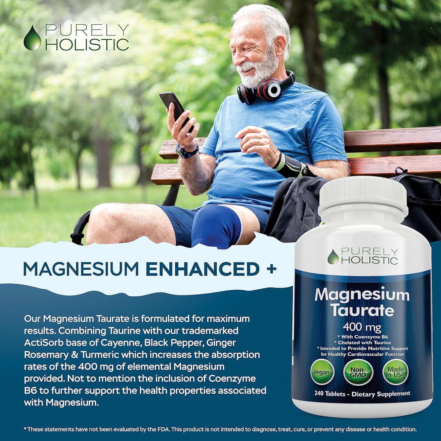 High Absorption Purely Holistic Magnesium Taurate 400mg Tablets with Coenzyme B6 - Vegan Complex for Cardiovascular, Muscle & Nerve Health - 240 Tablets