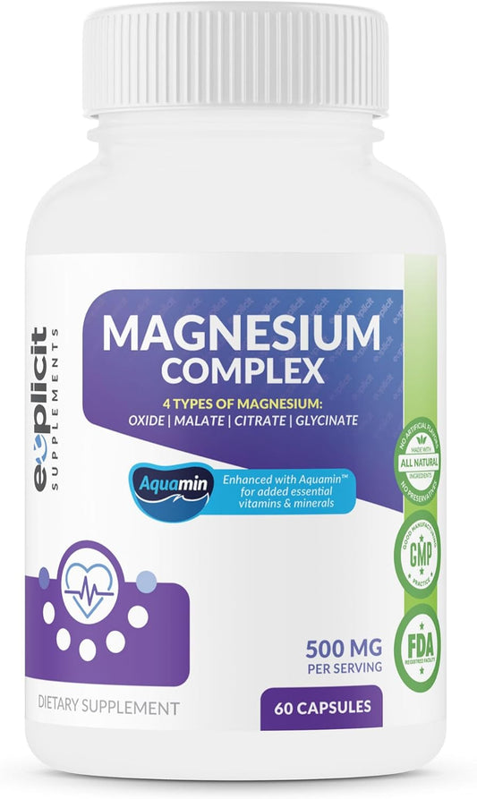 High Absorption Quad Magnesium Complex Supplement - 500mg Magnesium Glycinate, Malate, Oxide & Citrate - Supports Muscles, Sleep, Energy, Relaxation - Aquamin - 60 Capsules