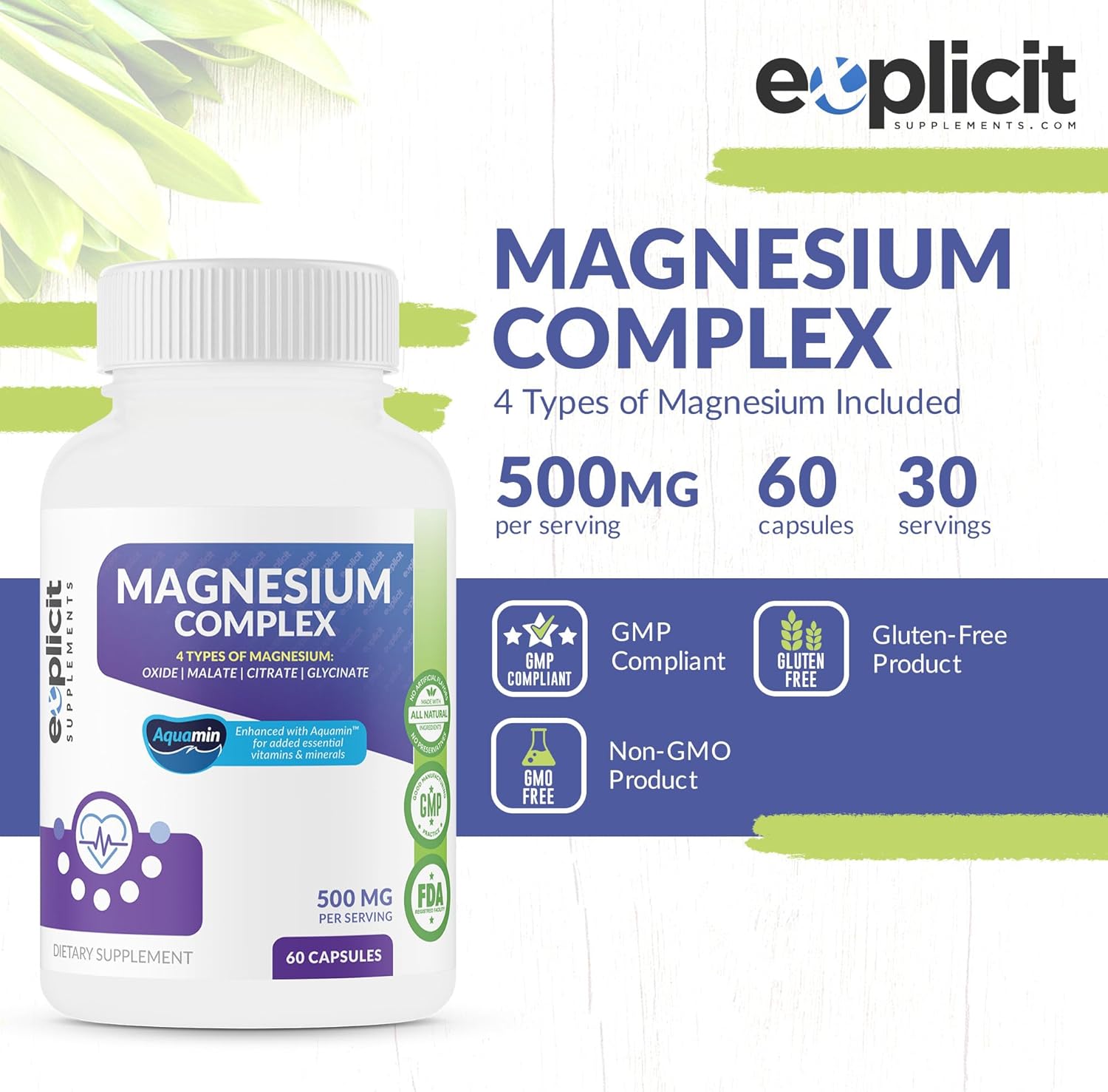 High Absorption Quad Magnesium Complex Supplement - 500mg Magnesium Glycinate, Malate, Oxide & Citrate - Supports Muscles, Sleep, Energy, Relaxation - Aquamin - 60 Capsules