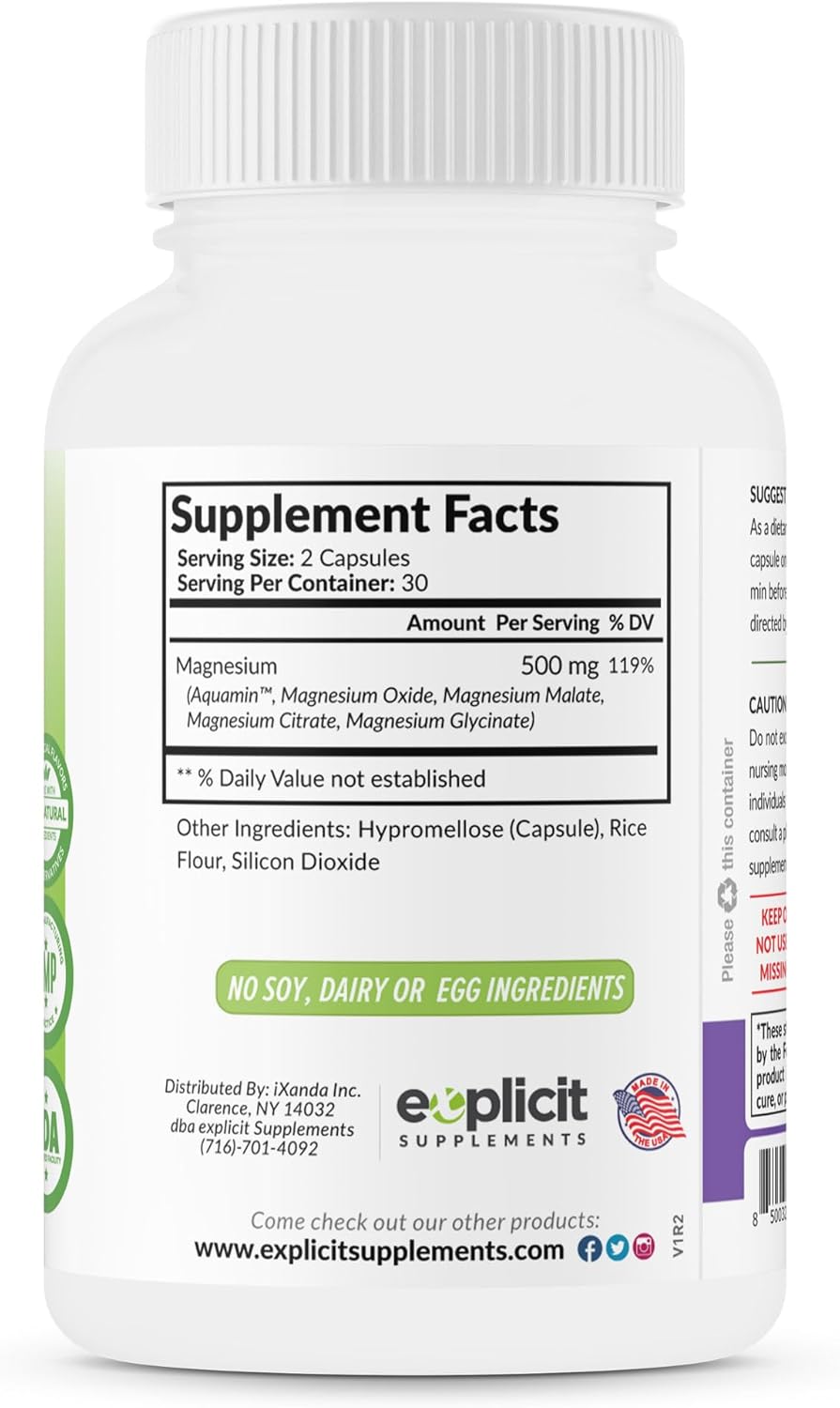 High Absorption Quad Magnesium Complex Supplement - 500mg Magnesium Glycinate, Malate, Oxide & Citrate - Supports Muscles, Sleep, Energy, Relaxation - Aquamin - 60 Capsules