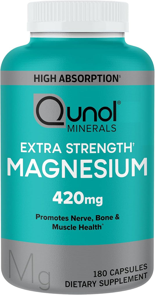 High Absorption Qunol Magnesium Capsules 420mg, 100% DV, Extra Strength Bone & Muscle Health Supplement - 180 Count