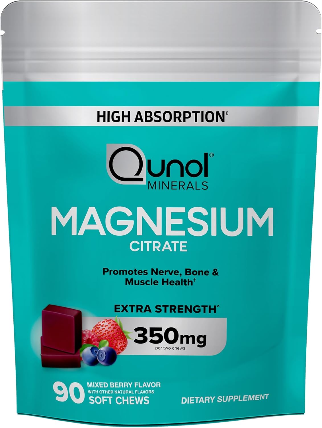 High Absorption Qunol Magnesium Citrate Soft Chews - 350mg Extra Strength Supplement for Nerve, Bone, and Muscle Health - 90 Count