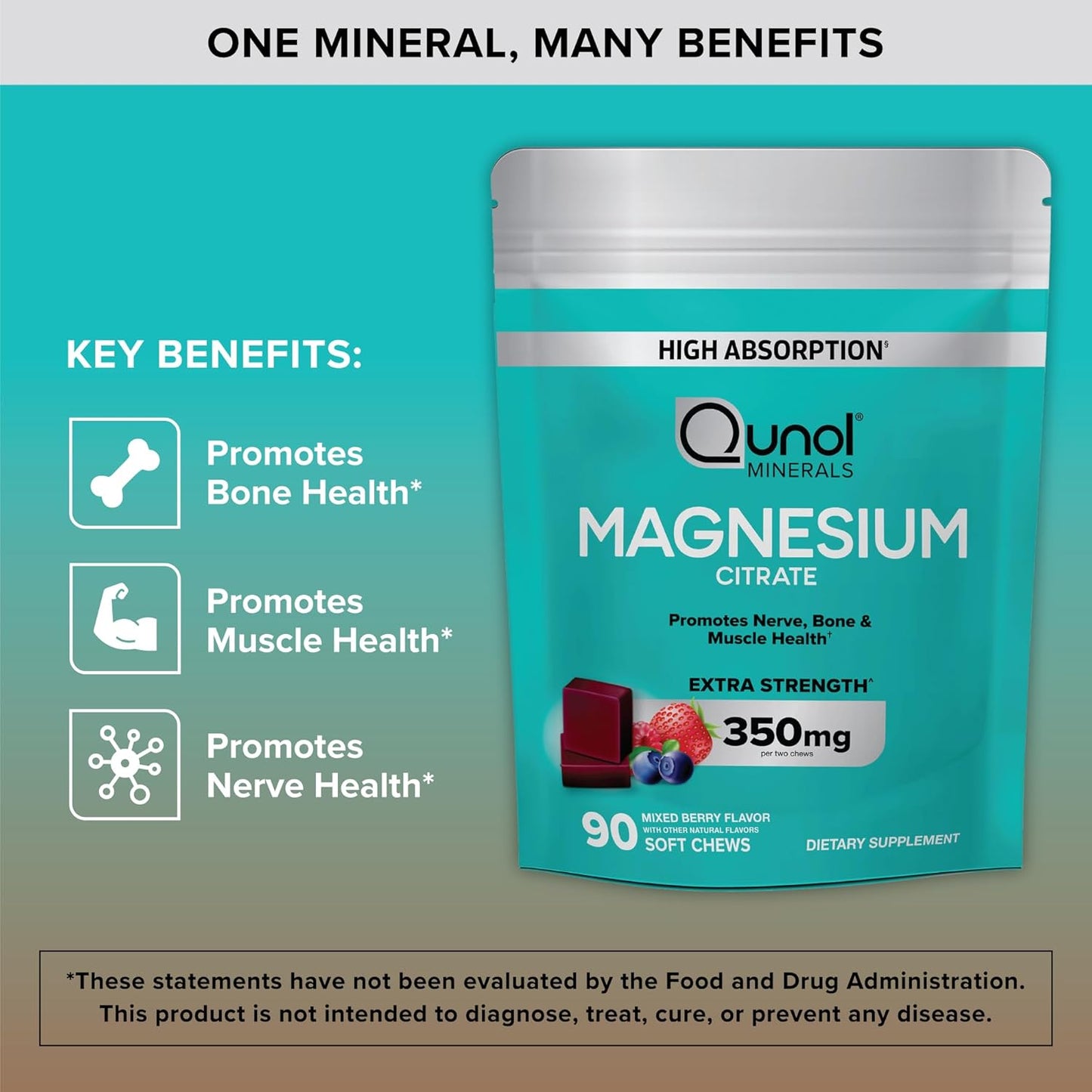 High Absorption Qunol Magnesium Citrate Soft Chews - 350mg Extra Strength Supplement for Nerve, Bone, and Muscle Health - 90 Count