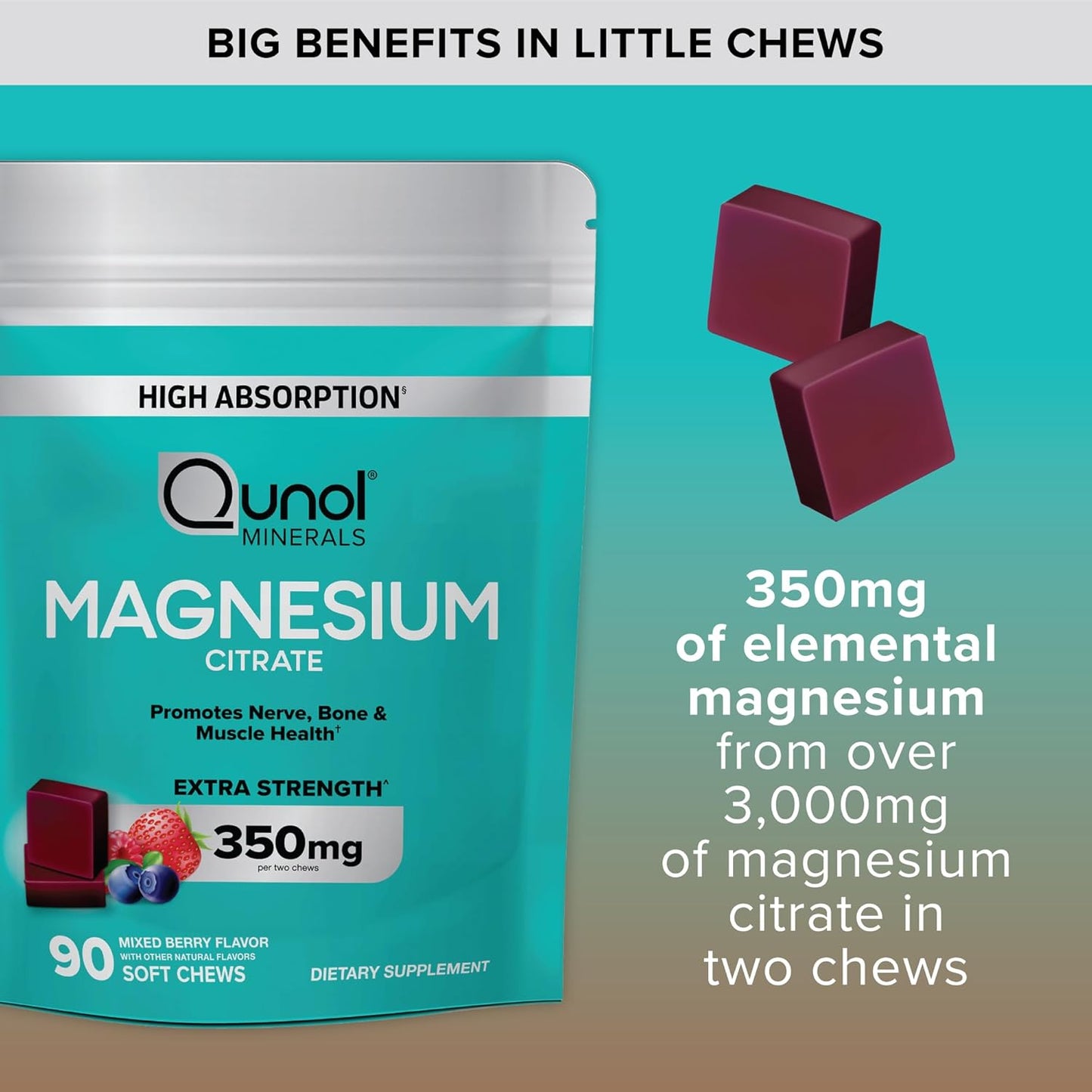 High Absorption Qunol Magnesium Citrate Soft Chews - 350mg Extra Strength Supplement for Nerve, Bone, and Muscle Health - 90 Count