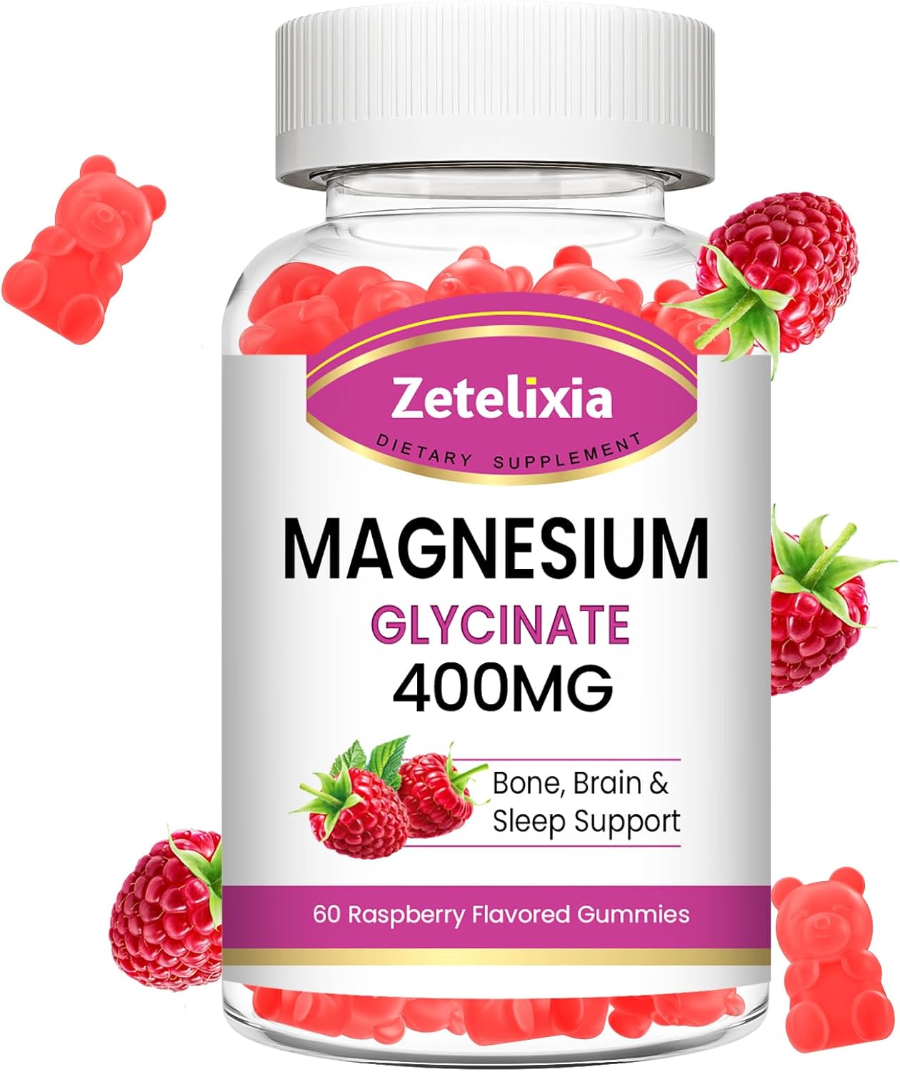 High Absorption Raspberry Magnesium Glycinate Gummies - 60 Sugar-Free Chews for Relaxation in Adults & Kids by Zetelixia