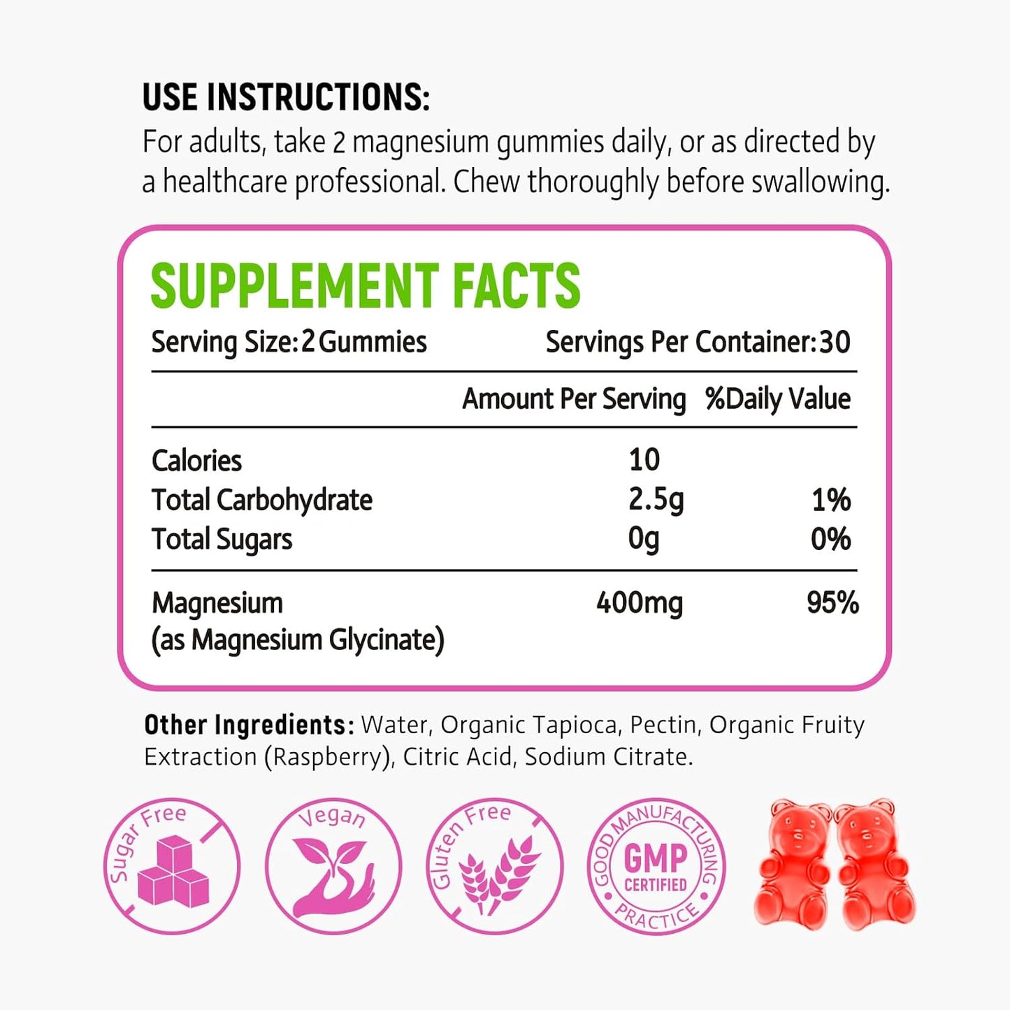 High Absorption Raspberry Magnesium Glycinate Gummies - 60 Sugar-Free Chews for Relaxation in Adults & Kids by Zetelixia