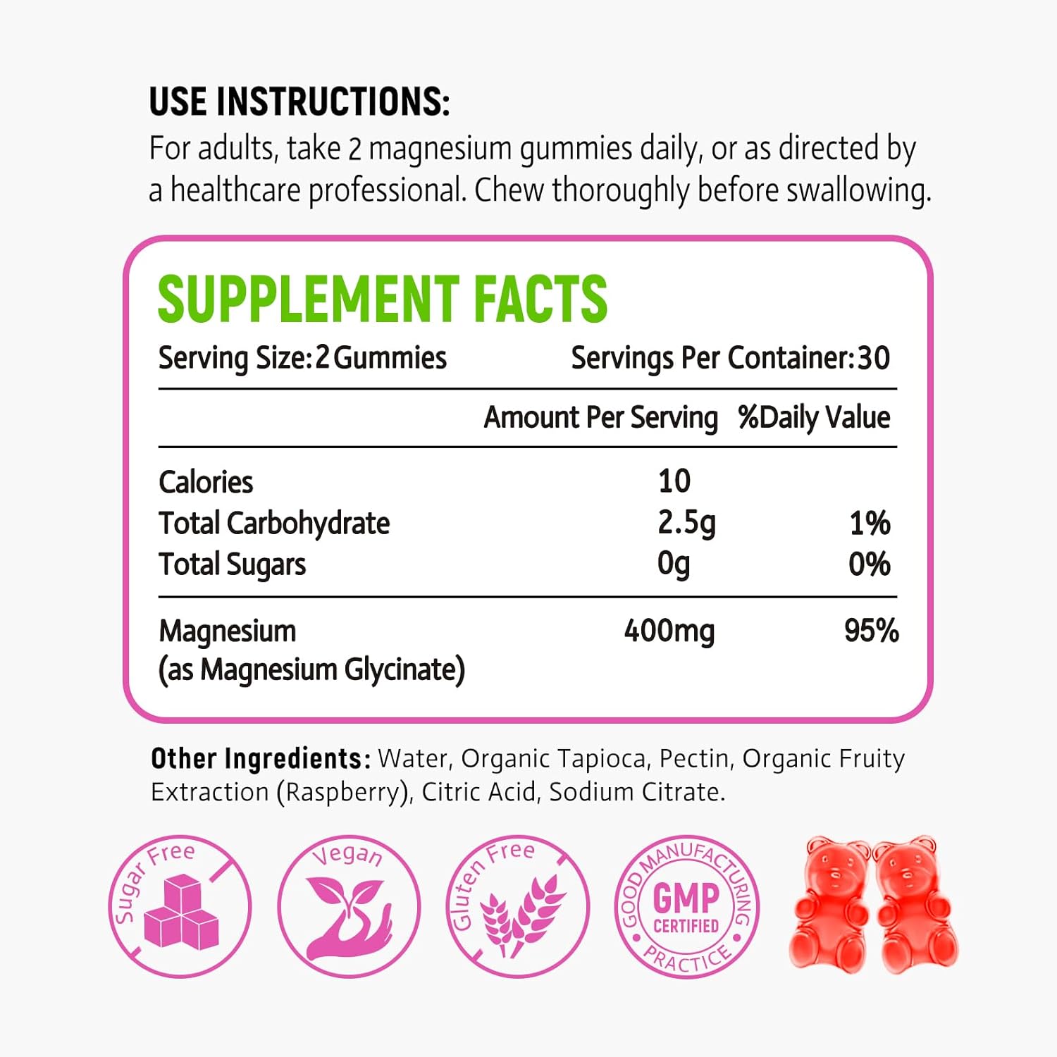 High Absorption Raspberry Magnesium Glycinate Gummies - 60 Sugar-Free Chews for Relaxation in Adults & Kids by Zetelixia