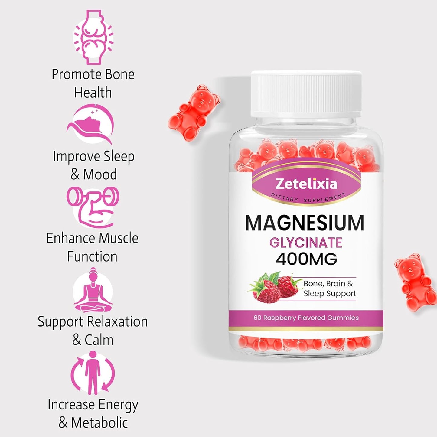 High Absorption Raspberry Magnesium Glycinate Gummies - 60 Sugar-Free Chews for Relaxation in Adults & Kids by Zetelixia
