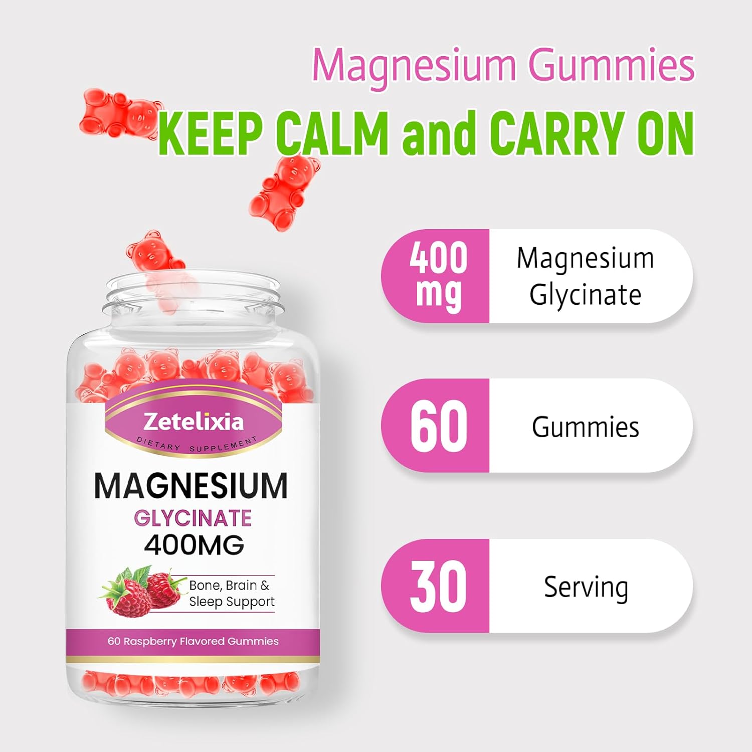 High Absorption Raspberry Magnesium Glycinate Gummies - 60 Sugar-Free Chews for Relaxation in Adults & Kids by Zetelixia