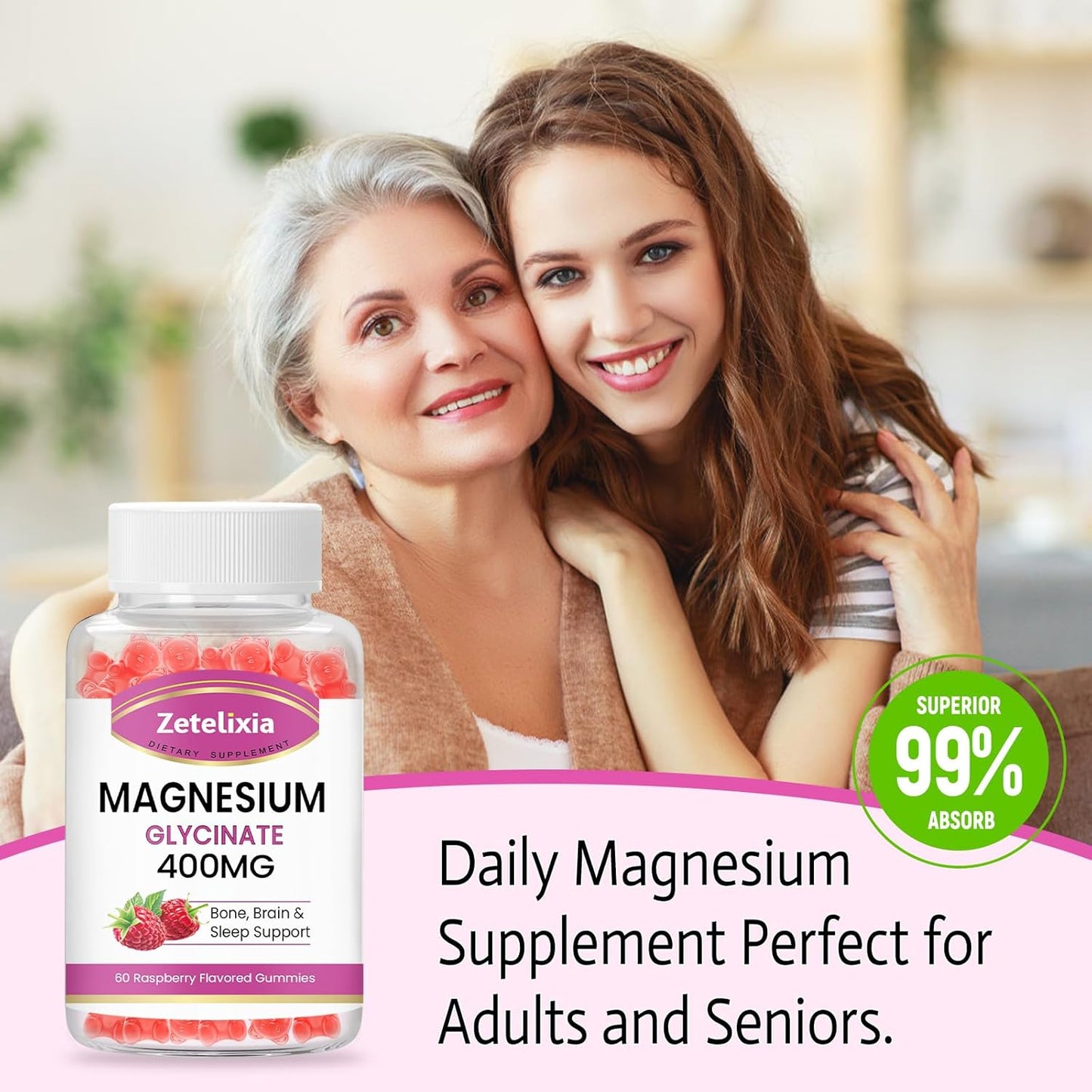 High Absorption Raspberry Magnesium Glycinate Gummies - 60 Sugar-Free Chews for Relaxation in Adults & Kids by Zetelixia
