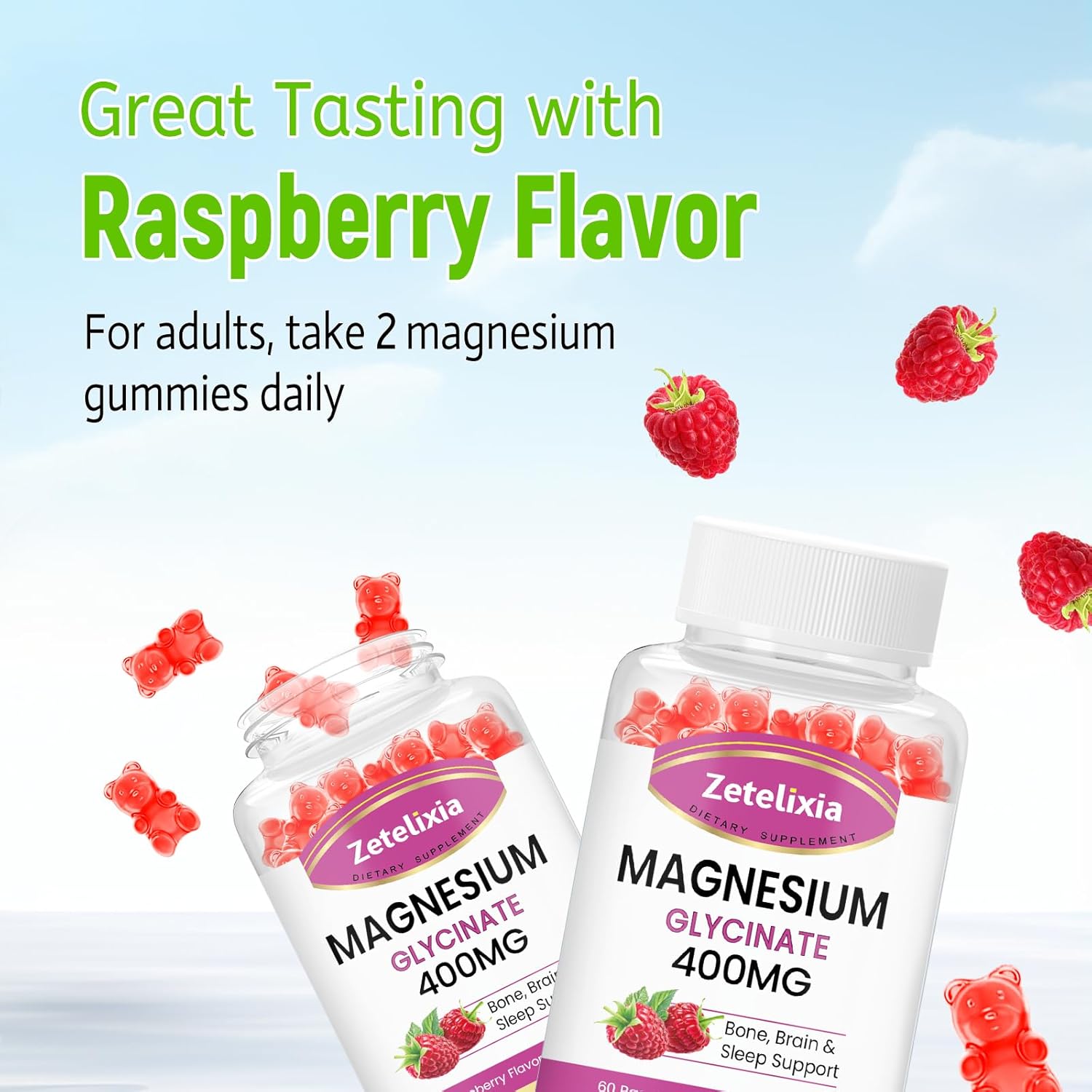High Absorption Raspberry Magnesium Glycinate Gummies - 60 Sugar-Free Chews for Relaxation in Adults & Kids by Zetelixia