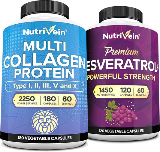 High-Absorption Resveratrol & Multi Collagen Capsules: Nutrivein Premium Bundle for Mobility & Well-Being
