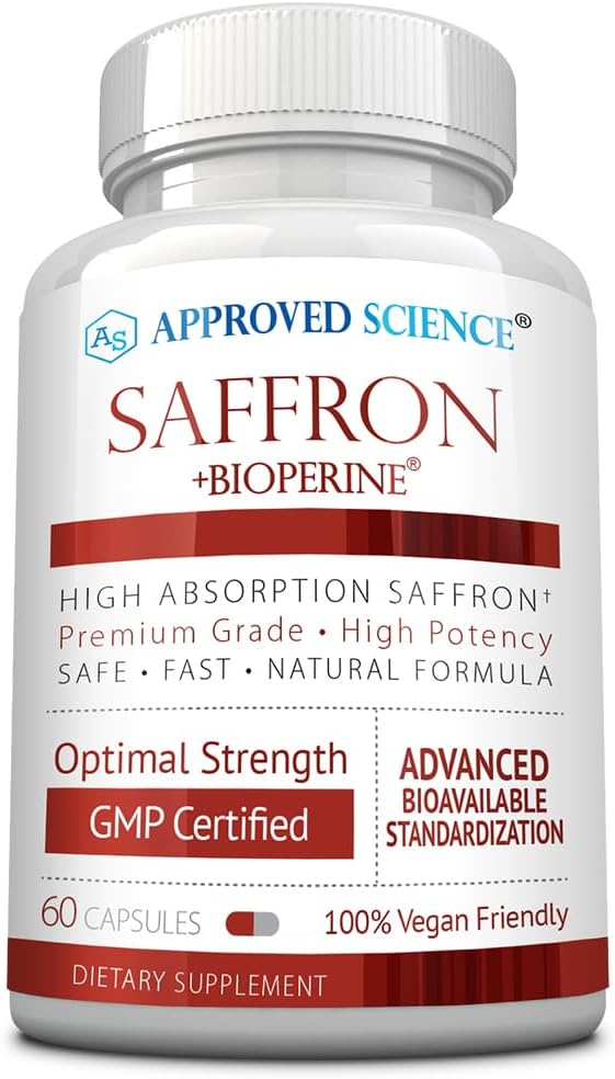 High-Absorption Saffron Capsules with BioPerine - 60 Vegan Capsules - 3% Crocin, 2% Safranal - Approved Science®