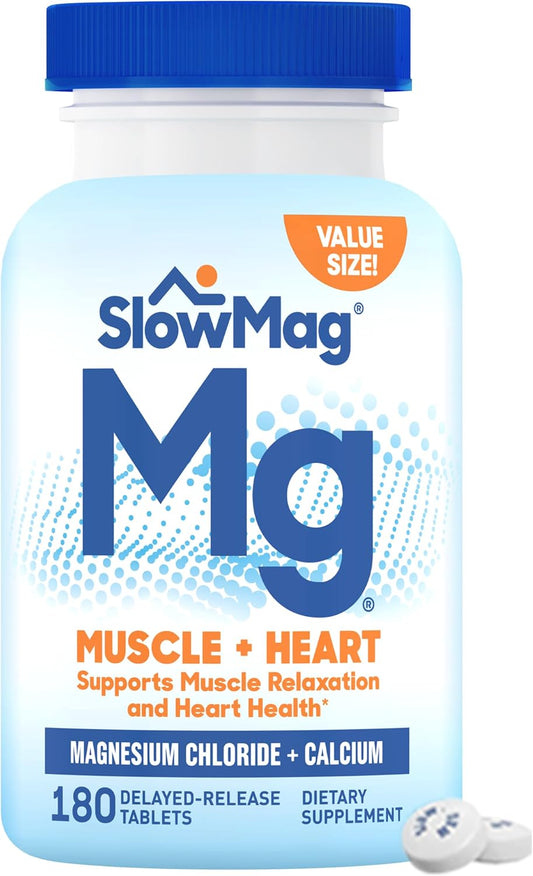 High Absorption SlowMag Muscle & Heart Magnesium Chloride with Calcium Supplement - 180 Count for Muscle Relaxation & Heart Health