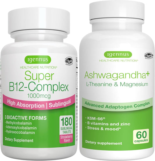 High Absorption Super B12-Complex with Ashwagandha, L-Theanine, & Magnesium - Sublingual Vitamin B12 + Adaptogen Complex Bundle from Igennus