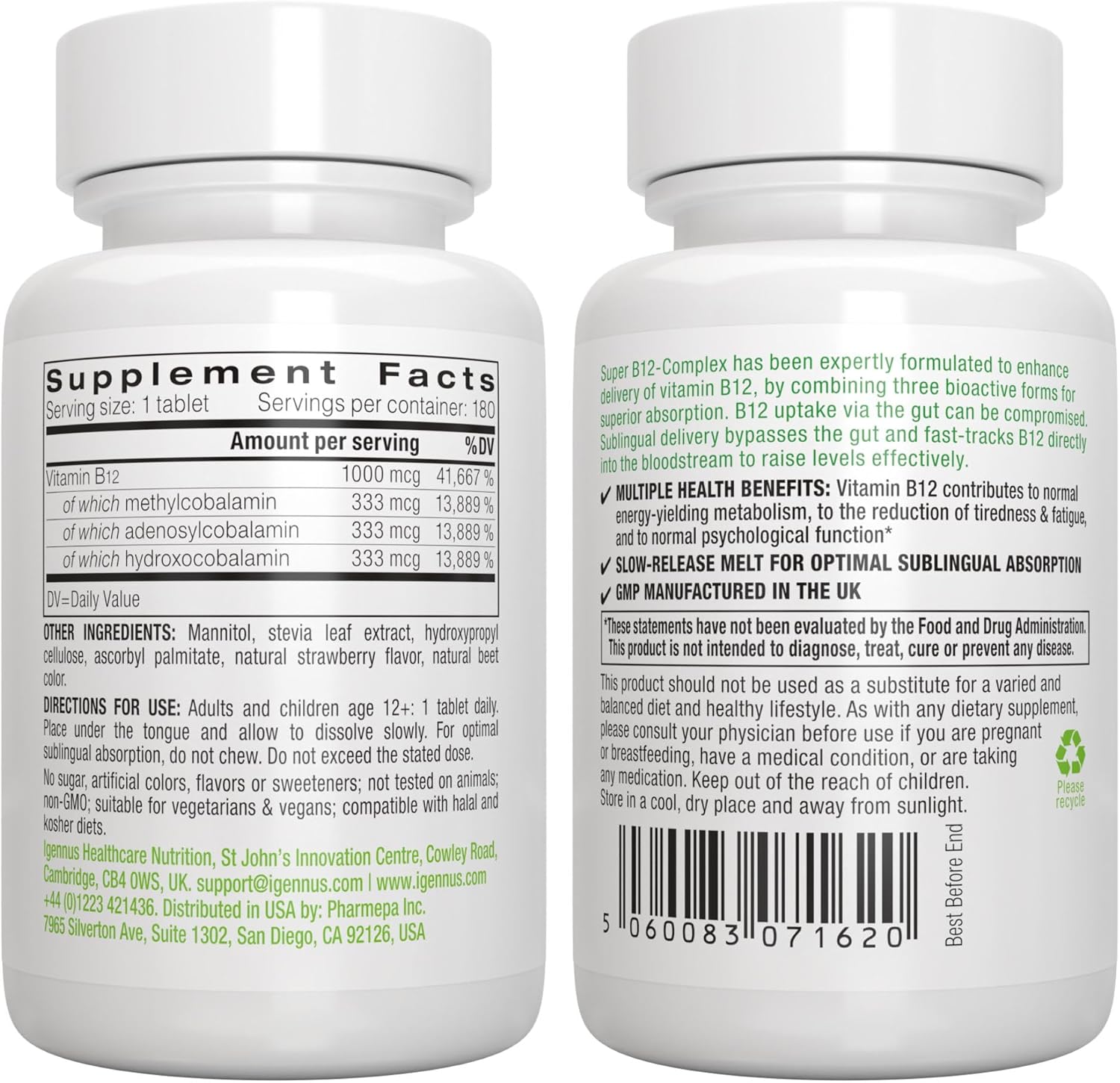 High Absorption Super B12-Complex with Ashwagandha, L-Theanine, & Magnesium - Sublingual Vitamin B12 + Adaptogen Complex Bundle from Igennus