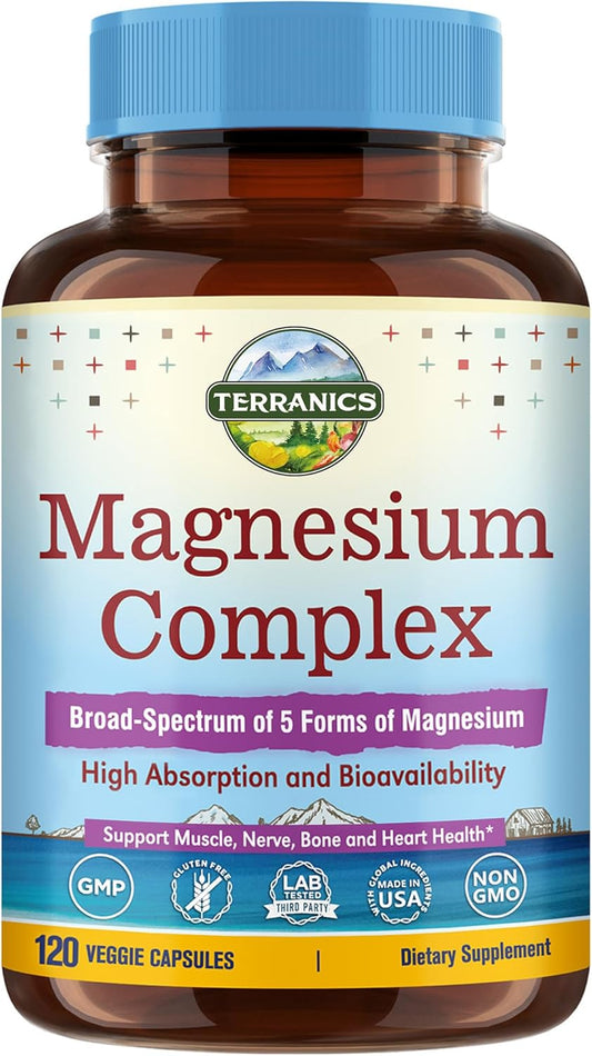 High Absorption Terranics 5-in-1 Magnesium Complex Supplement 500mg - 120 Vegan Capsules for Sleep, Muscle, and Heart Health - Non-GMO Magnesium Glycinate, Citrate, Malate, Aspartate, Gluconate