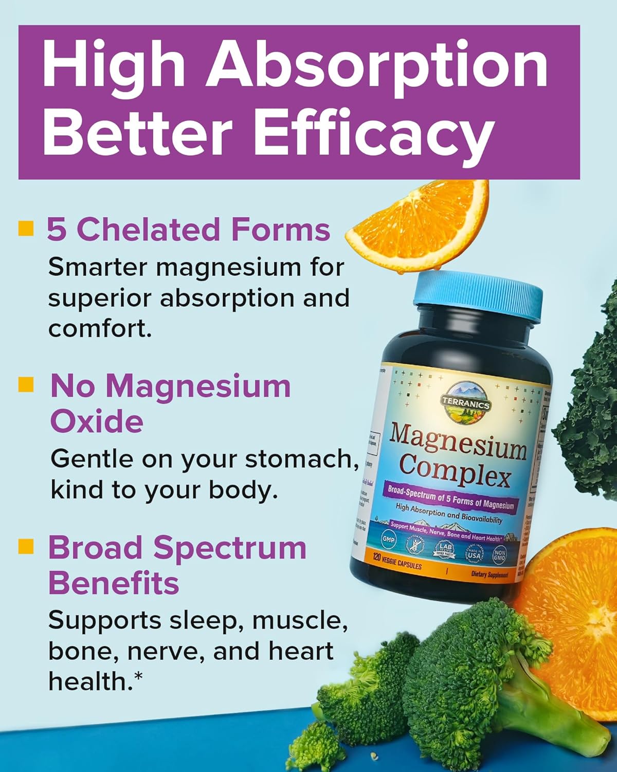 High Absorption Terranics 5-in-1 Magnesium Complex Supplement 500mg - 120 Vegan Capsules for Sleep, Muscle, and Heart Health - Non-GMO Magnesium Glycinate, Citrate, Malate, Aspartate, Gluconate