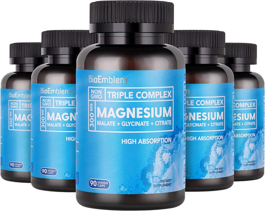 High Absorption Triple Magnesium Complex 300mg | Magnesium Glycinate & Malate | Muscle & Nerve Health Support | Vegan, Non-GMO | 450 Capsules
