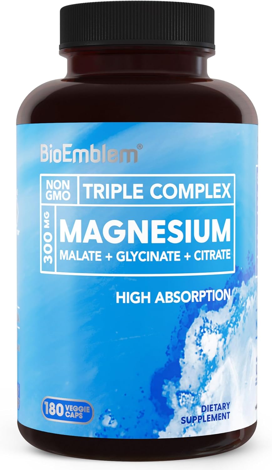 High Absorption Triple Magnesium Complex | 300mg Magnesium Glycinate, Malate, & Citrate | Supports Muscles, Nerves, Energy | Vegan, Non-GMO | 180 Capsules