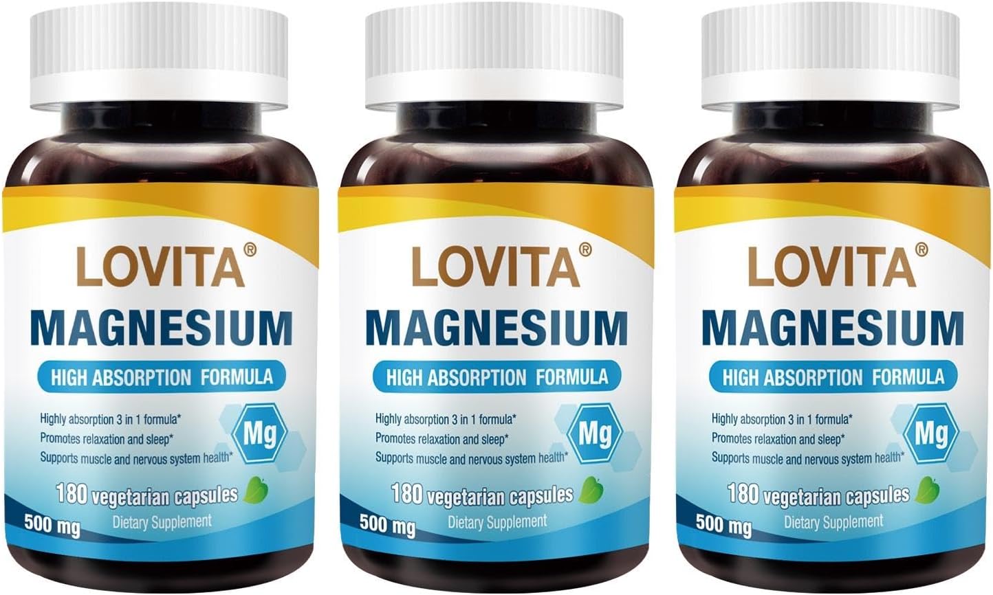 High Absorption Triple Magnesium Complex 500mg - Glycinate, Citrate & Oxide - 180 Vegan Capsules - Supports Sleep, Relaxation, Heart, Nerves & Bone Health - Pack of 3