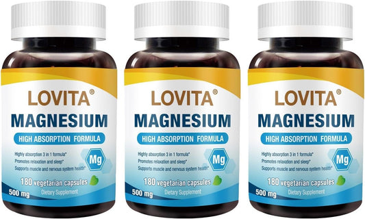 High Absorption Triple Magnesium Complex 500mg - Glycinate, Citrate & Oxide - 180 Vegan Capsules - Supports Sleep, Relaxation, Heart, Nerves & Bone Health - Pack of 3