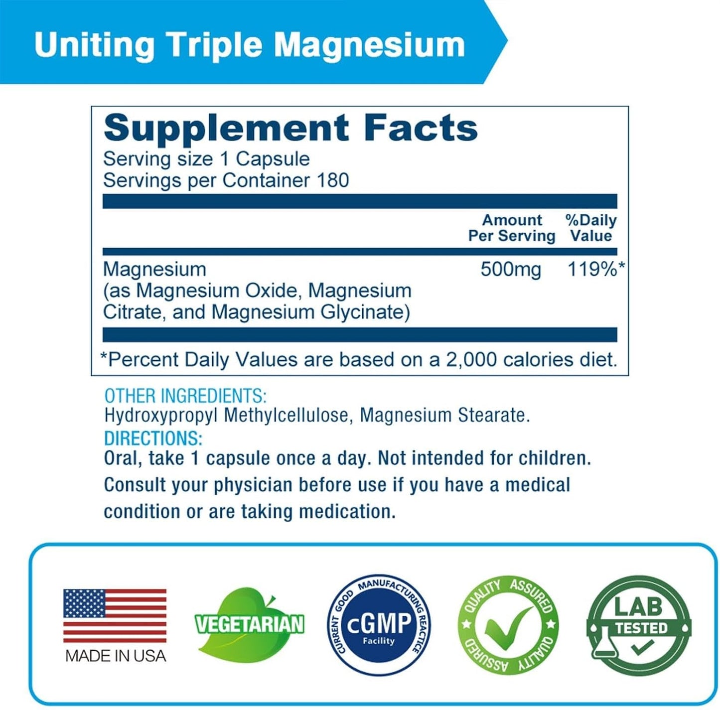 High Absorption Triple Magnesium Complex 500mg - Glycinate, Citrate & Oxide - 180 Vegan Capsules - Supports Sleep, Relaxation, Heart, Nerves & Bone Health - Pack of 3