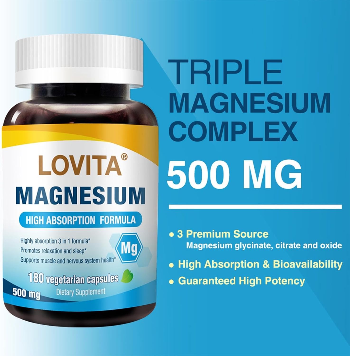High Absorption Triple Magnesium Complex 500mg - Glycinate, Citrate & Oxide - 180 Vegan Capsules - Supports Sleep, Relaxation, Heart, Nerves & Bone Health - Pack of 3