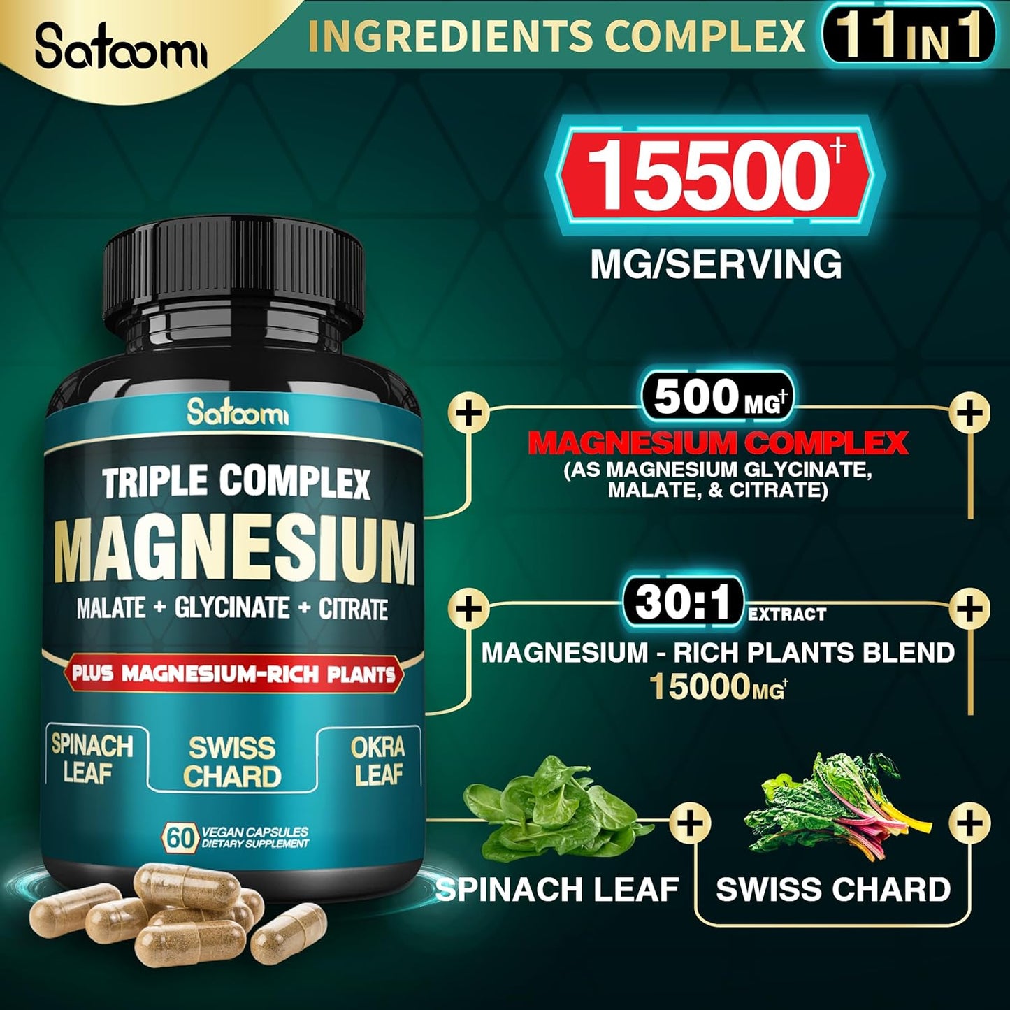 High Absorption Triple Magnesium Glycinate Complex Capsules - 500mg, Vegan - Support Heart, Joint & Brain - 60 Pills