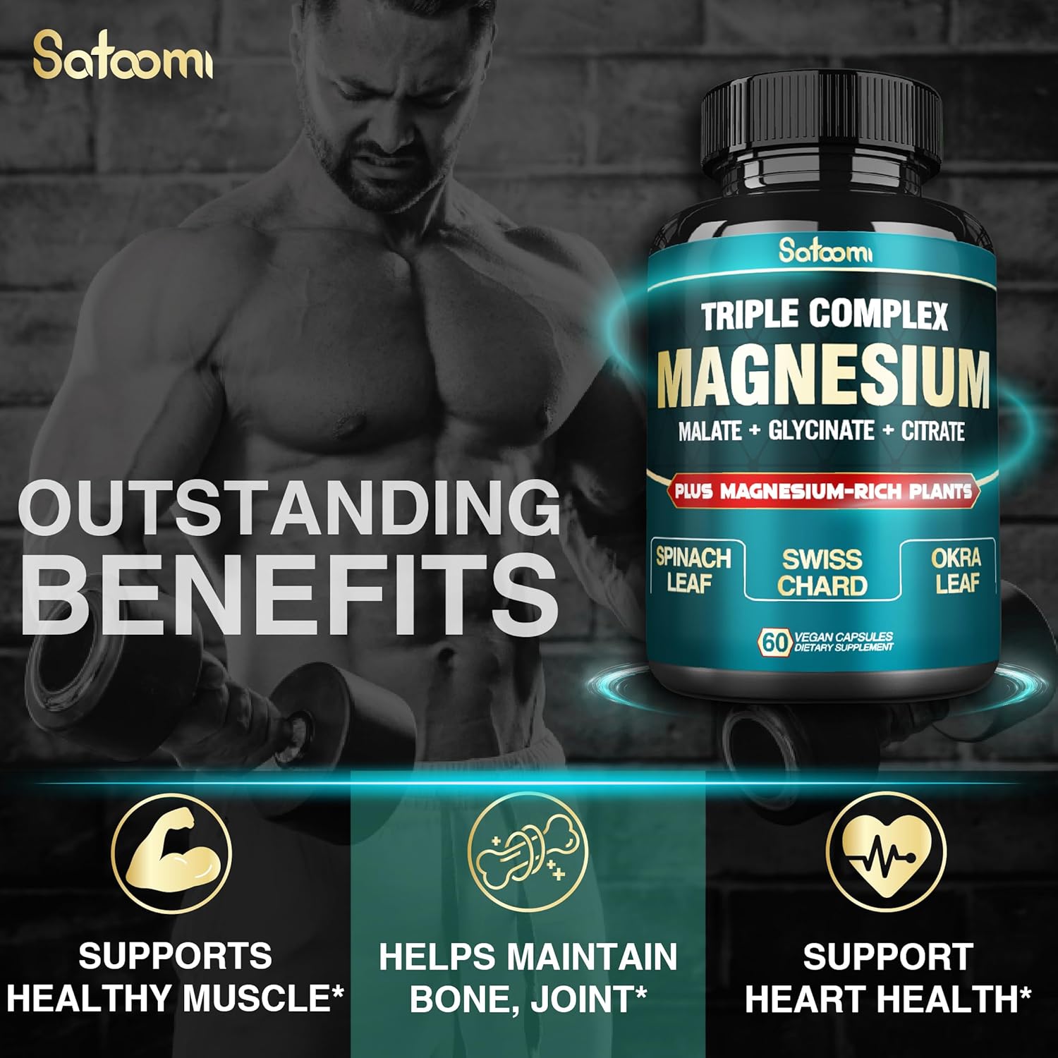 High Absorption Triple Magnesium Glycinate Complex Capsules - 500mg, Vegan - Support Heart, Joint & Brain - 60 Pills