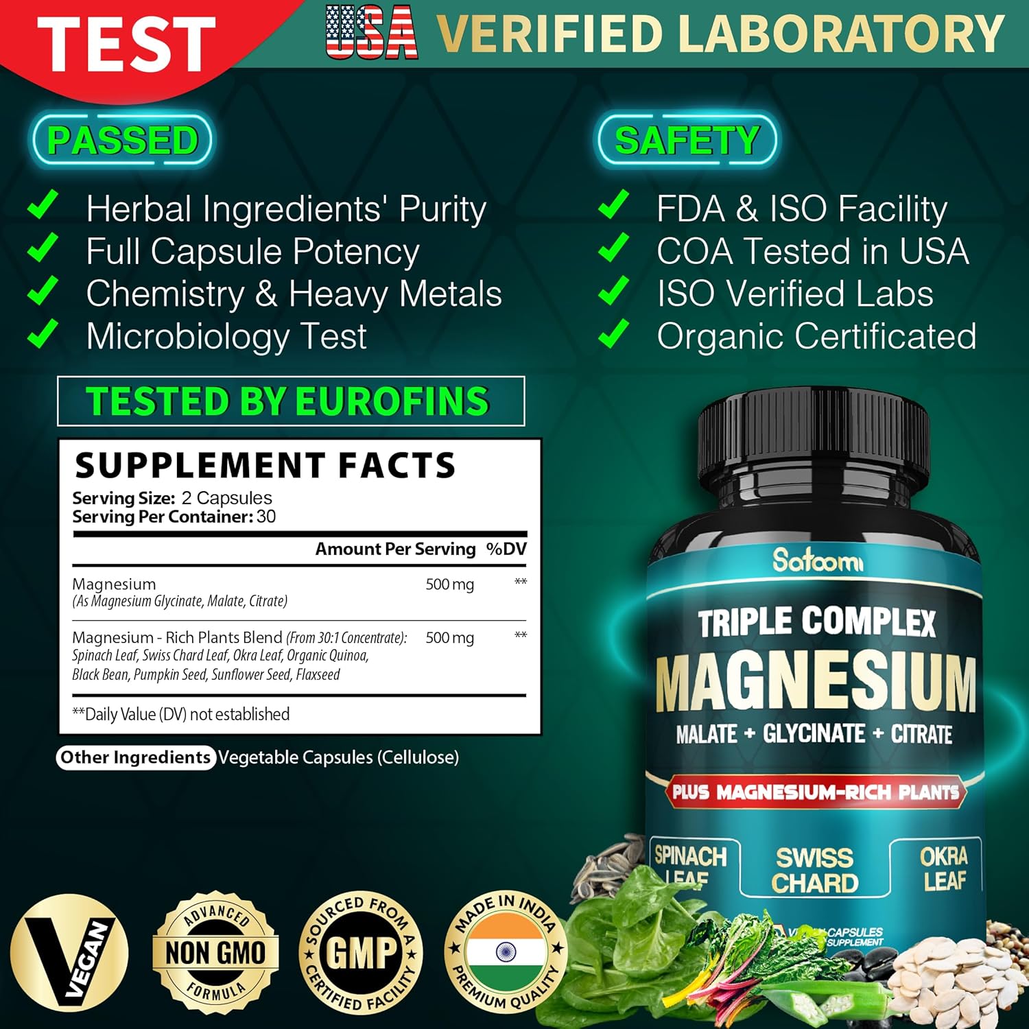 High Absorption Triple Magnesium Glycinate Complex Capsules - 500mg, Vegan - Support Heart, Joint & Brain - 60 Pills