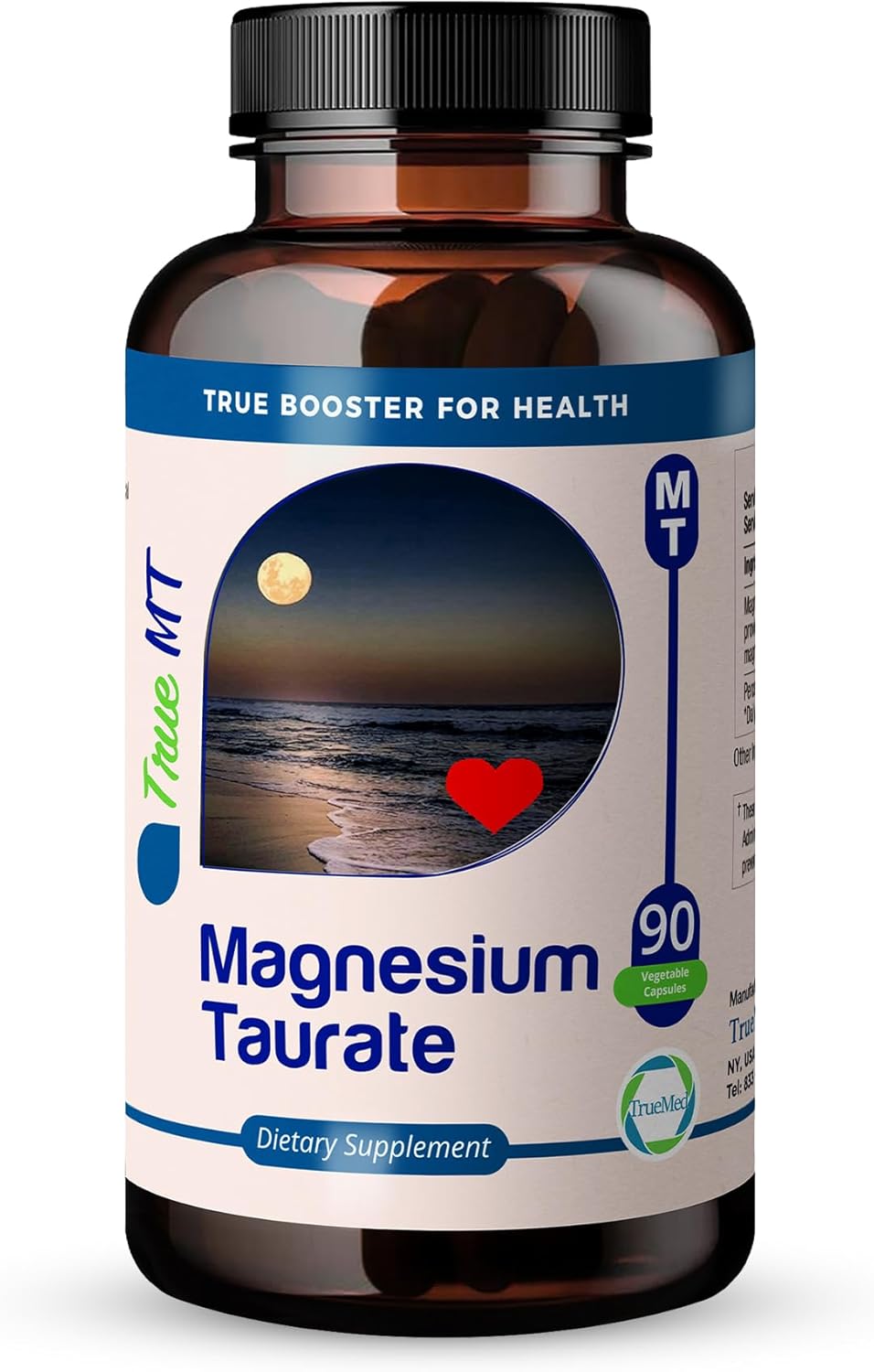 High Absorption TRUEMED Magnesium Taurate 1500mg Capsules for Cardiovascular Health, Stress Relief, Sleep Support, Balanced Blood Pressure, Nerve Function - 90 Veggie Caps