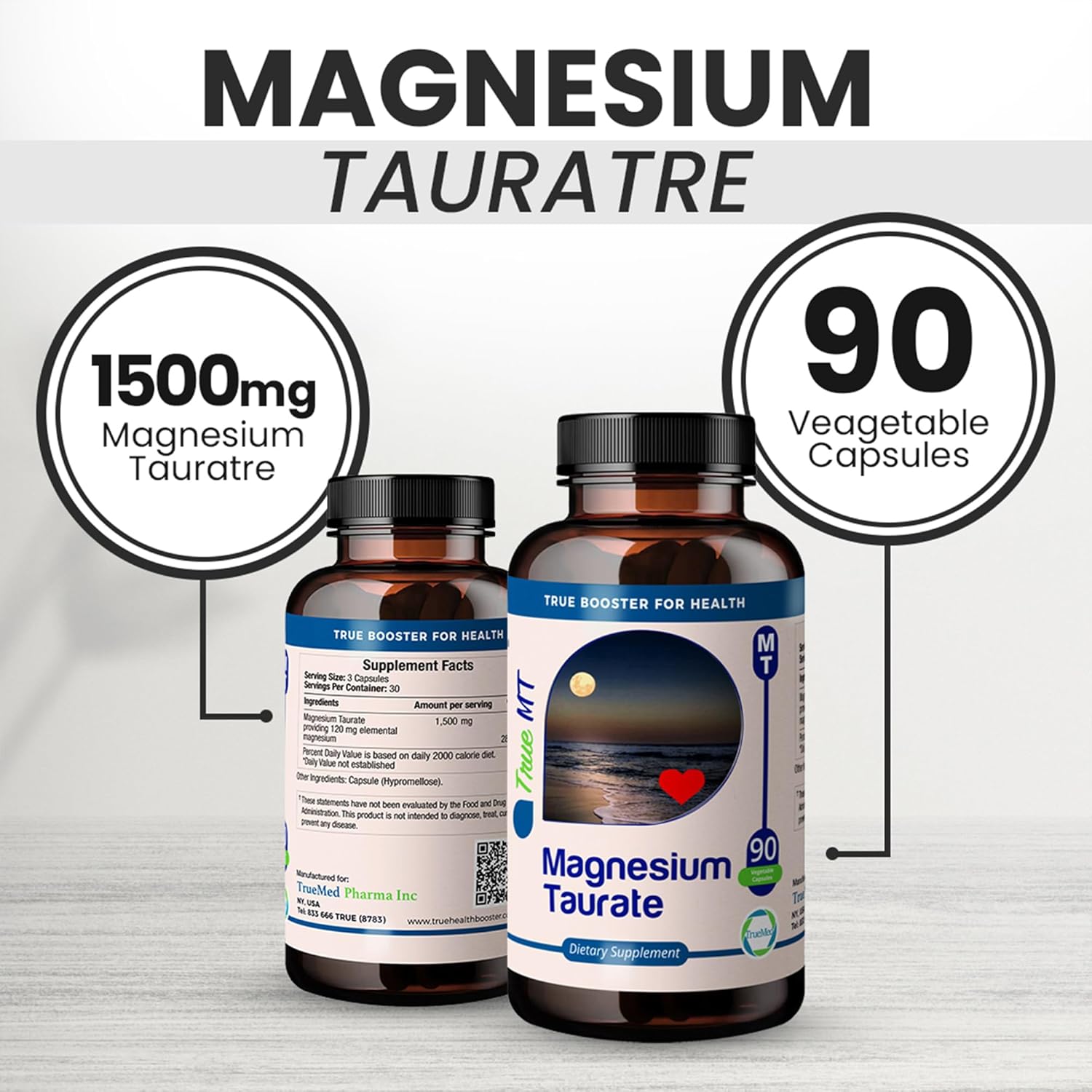 High Absorption TRUEMED Magnesium Taurate 1500mg Capsules for Cardiovascular Health, Stress Relief, Sleep Support, Balanced Blood Pressure, Nerve Function - 90 Veggie Caps