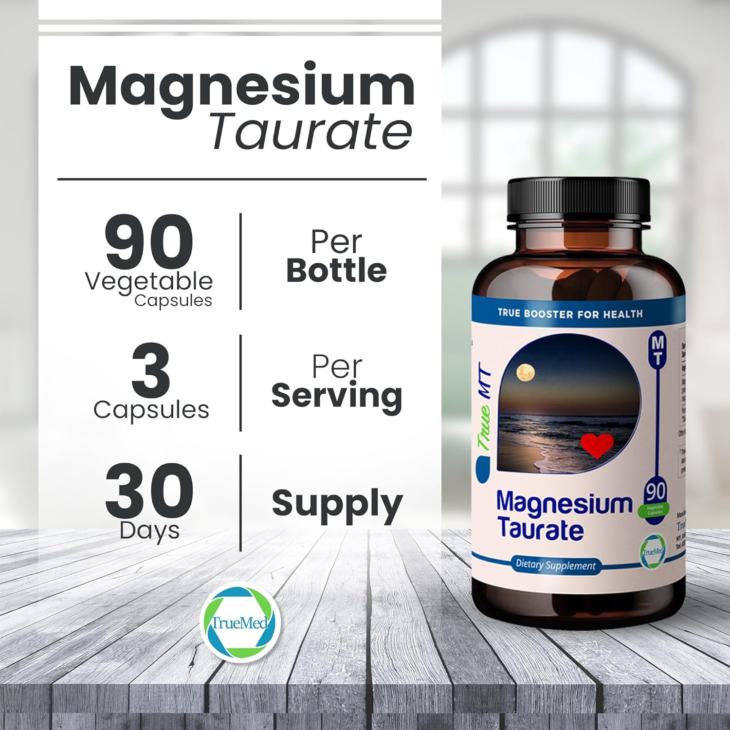 High Absorption TRUEMED Magnesium Taurate 1500mg Capsules for Cardiovascular Health, Stress Relief, Sleep Support, Balanced Blood Pressure, Nerve Function - 90 Veggie Caps