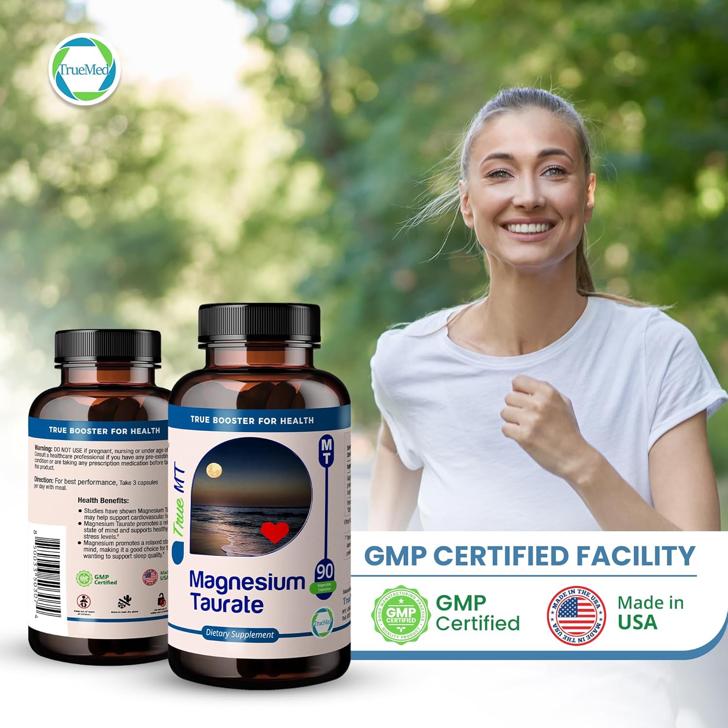High Absorption TRUEMED Magnesium Taurate 1500mg Capsules for Cardiovascular Health, Stress Relief, Sleep Support, Balanced Blood Pressure, Nerve Function - 90 Veggie Caps