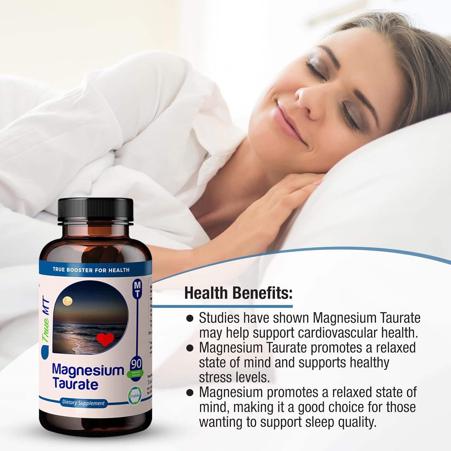 High Absorption TRUEMED Magnesium Taurate 1500mg Capsules for Cardiovascular Health, Stress Relief, Sleep Support, Balanced Blood Pressure, Nerve Function - 90 Veggie Caps