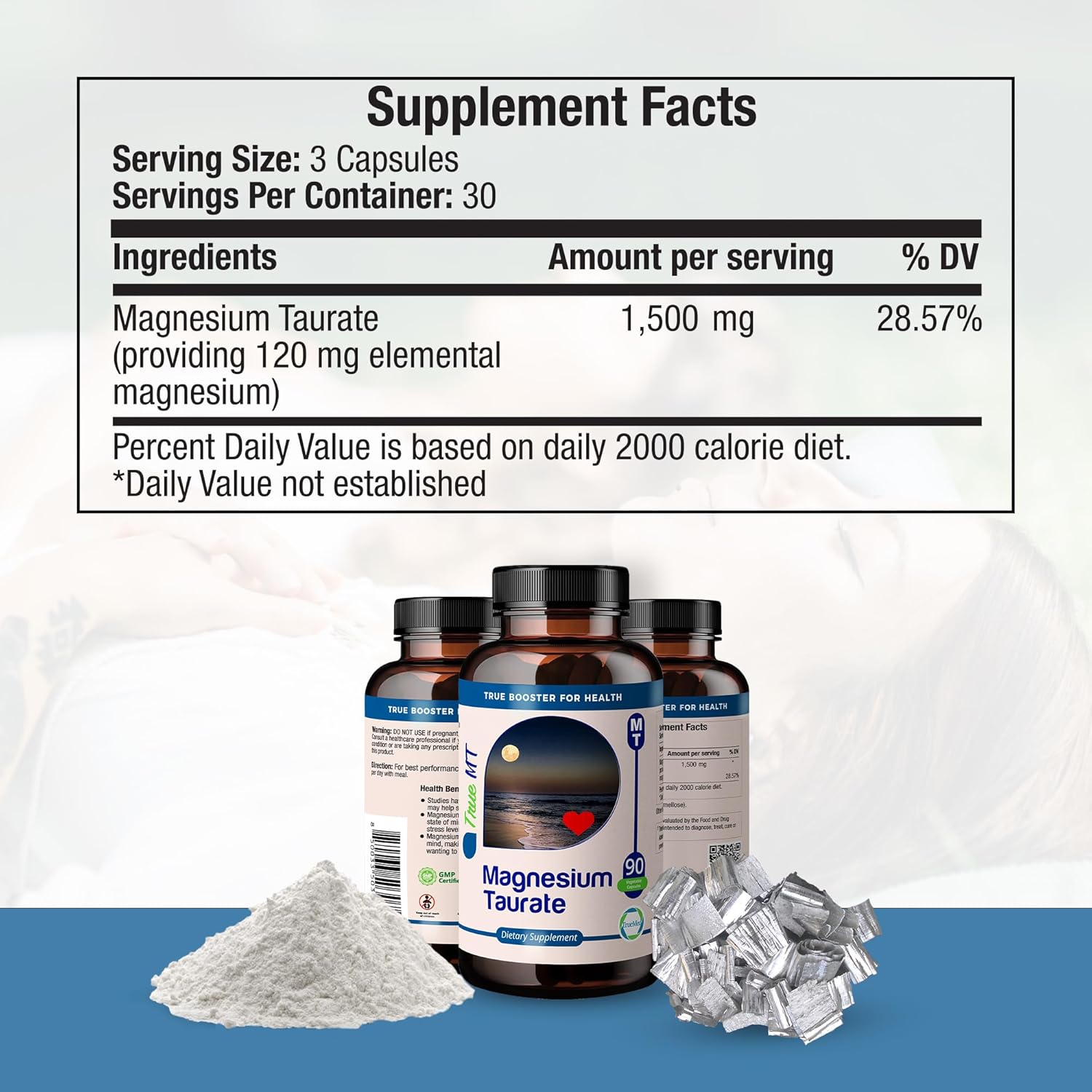 High Absorption TRUEMED Magnesium Taurate 1500mg Capsules for Cardiovascular Health, Stress Relief, Sleep Support, Balanced Blood Pressure, Nerve Function - 90 Veggie Caps