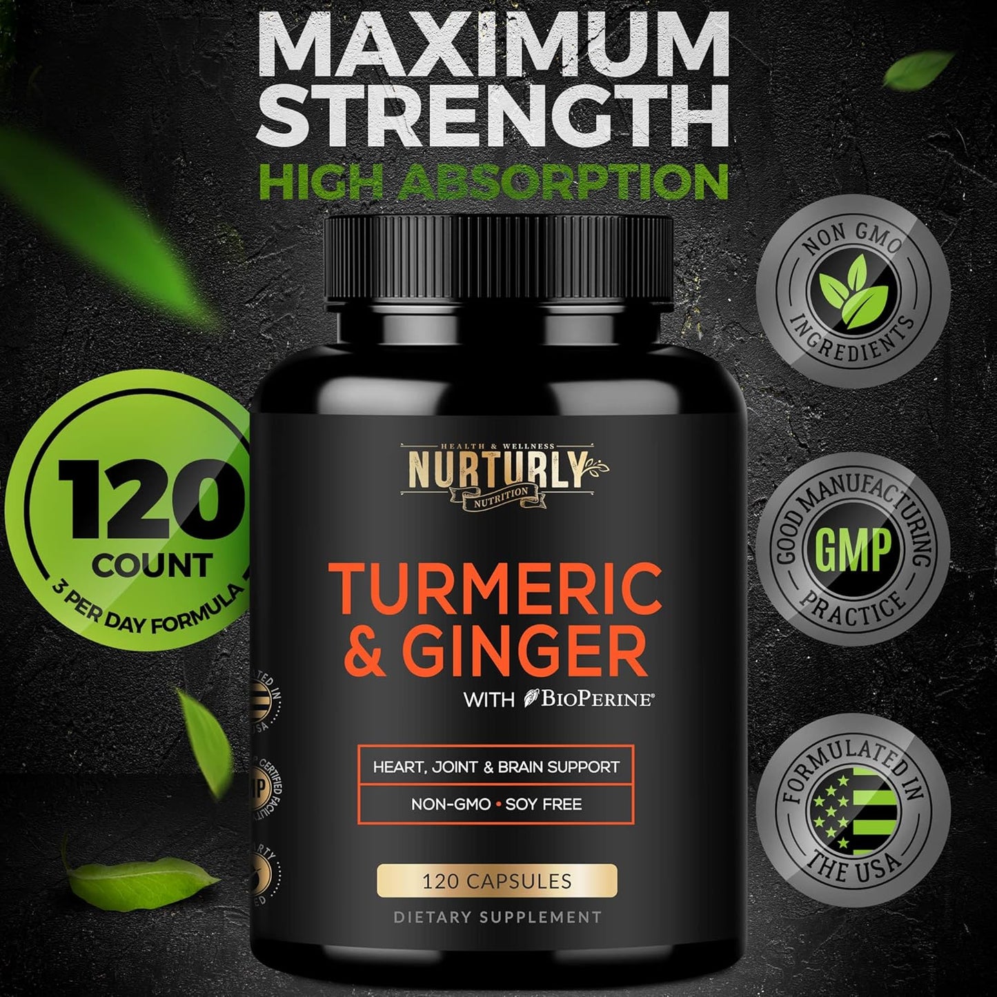 High Absorption Turmeric Curcumin Supplement with BioPerine, Ginger, Black Pepper - Heart Health Support - Non-GMO, Gluten Free - 120 Capsules
