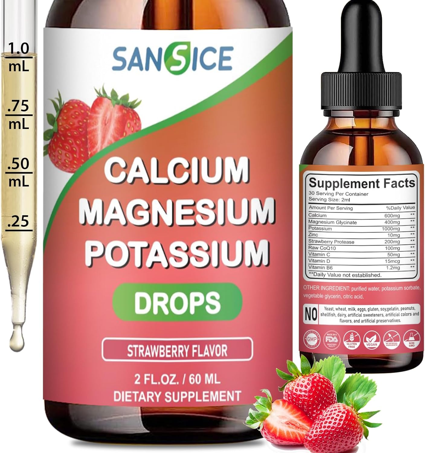 High Absorption Vegan Calcium Magnesium Potassium Multivitamin Drops with Zinc - 60ml Strawberry Flavor - Non GMO - SANSICE Formula