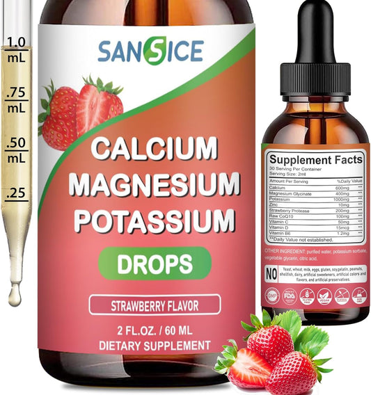 High Absorption Vegan Calcium Magnesium Potassium Multivitamin Drops with Zinc - 60ml Strawberry Flavor - Non GMO - SANSICE Formula
