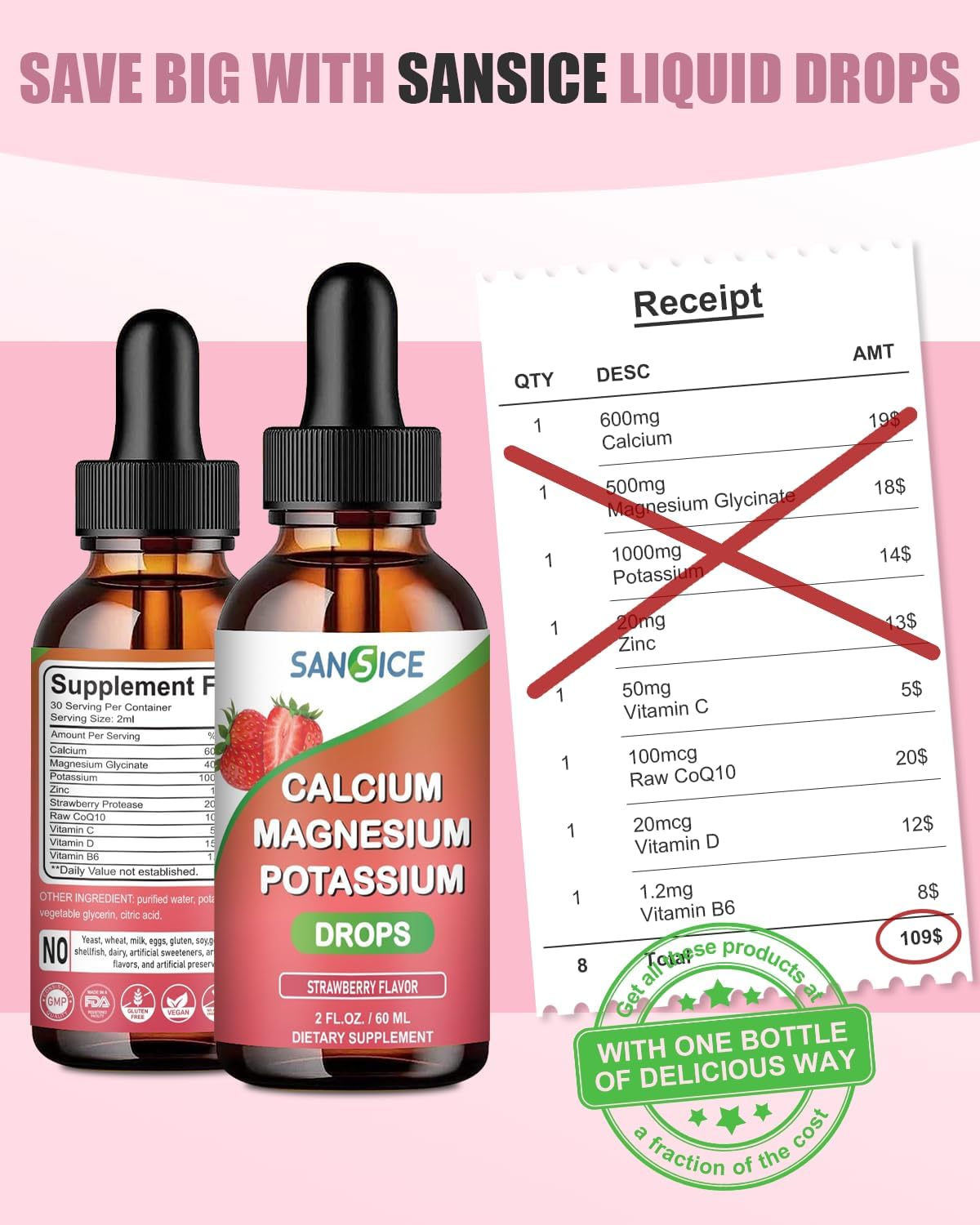 High Absorption Vegan Calcium Magnesium Potassium Multivitamin Drops with Zinc - 60ml Strawberry Flavor - Non GMO - SANSICE Formula