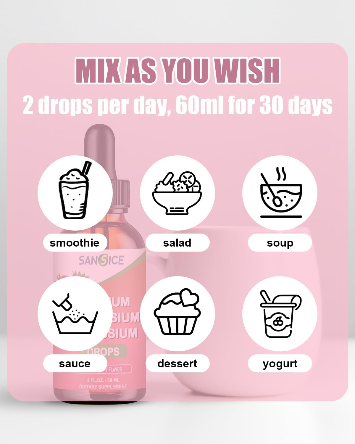 High Absorption Vegan Calcium Magnesium Potassium Multivitamin Drops with Zinc - 60ml Strawberry Flavor - Non GMO - SANSICE Formula