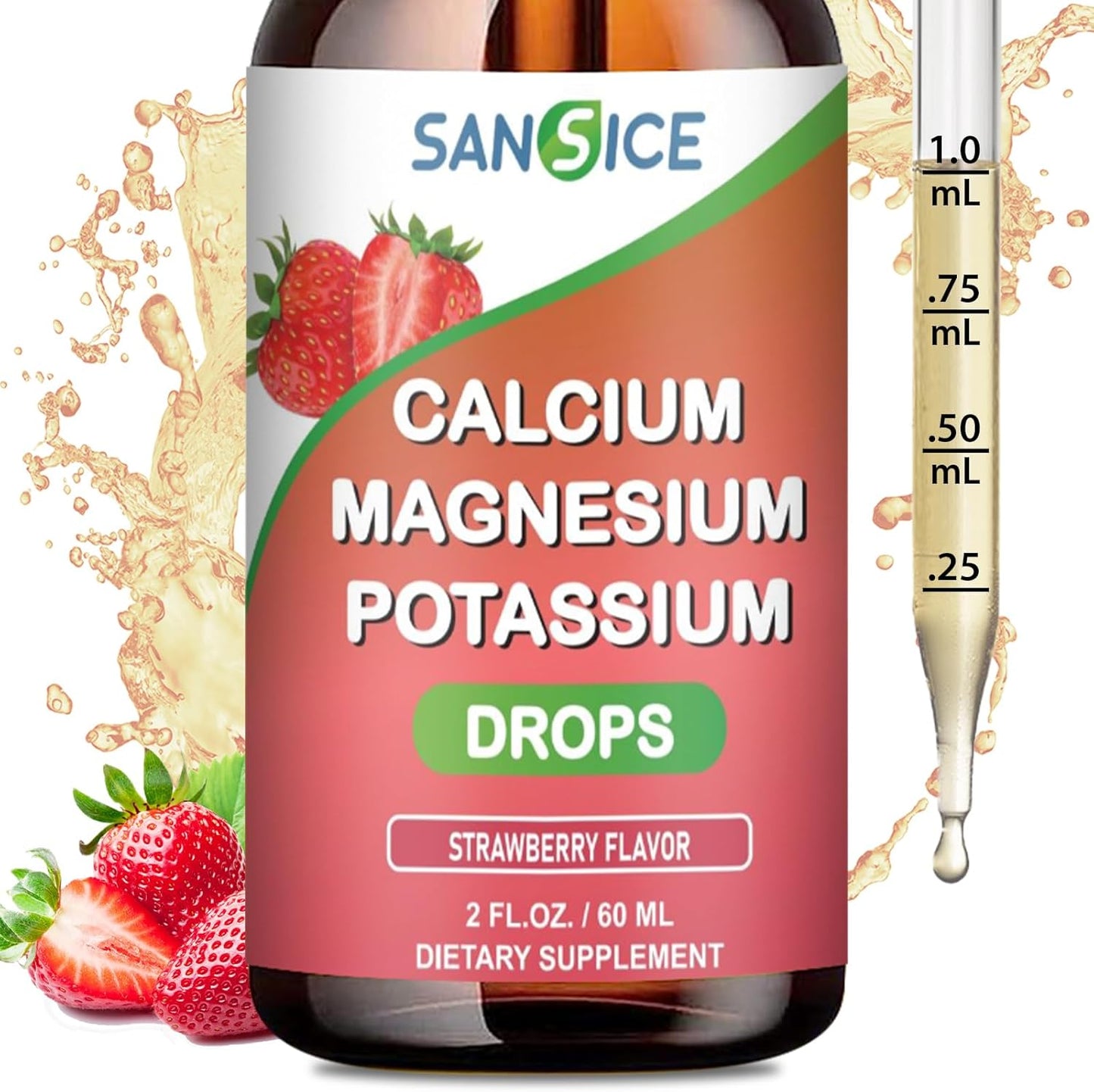High Absorption Vegan Calcium Magnesium Potassium Multivitamin Drops with Zinc - 60ml Strawberry Flavor - Non GMO - SANSICE Formula