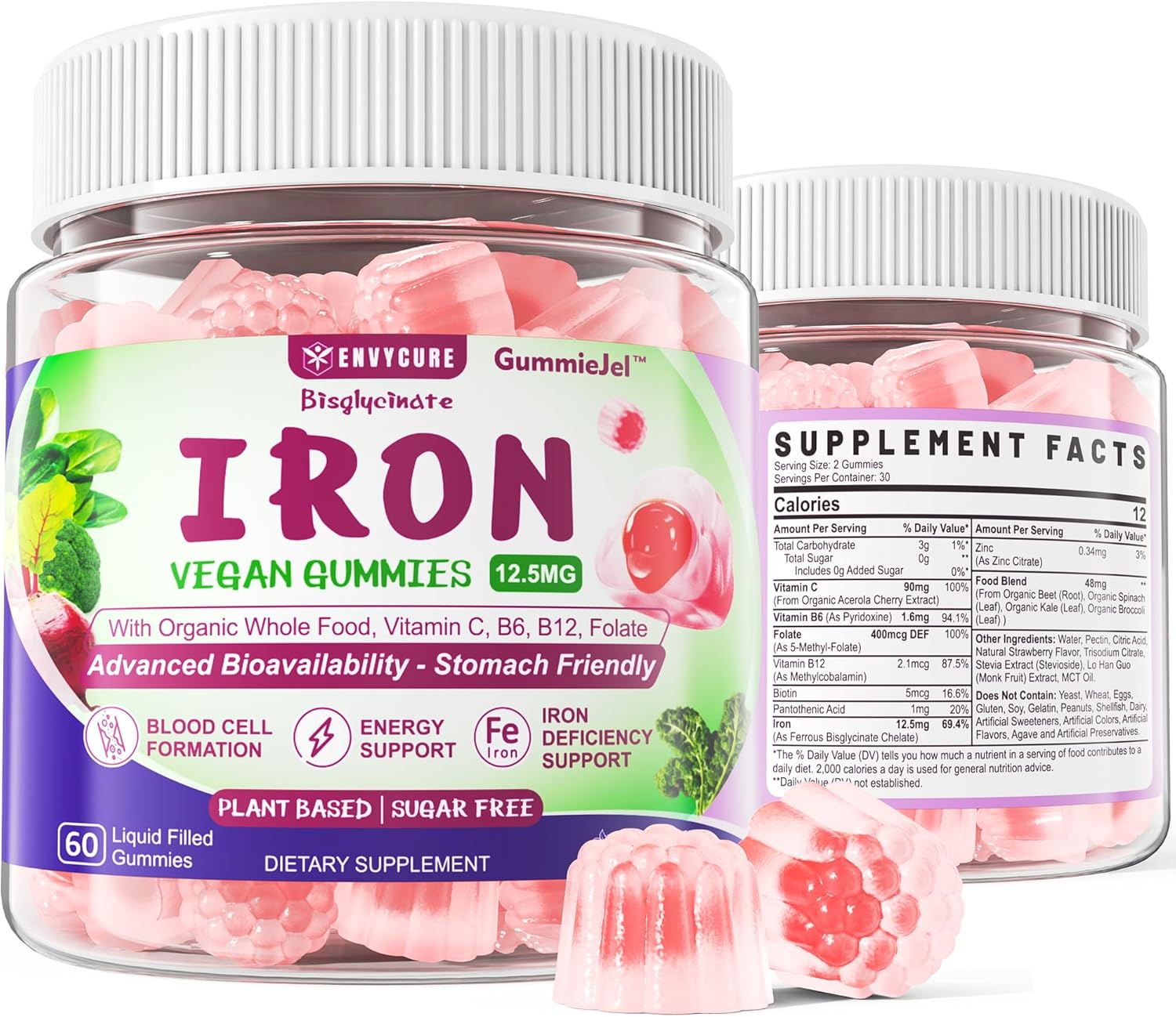 High Absorption Vegan Iron Gummies with Vitamin C, B-Complex, Folate - Iron Filled Supplement for Energy & Blood Building - 60Cts