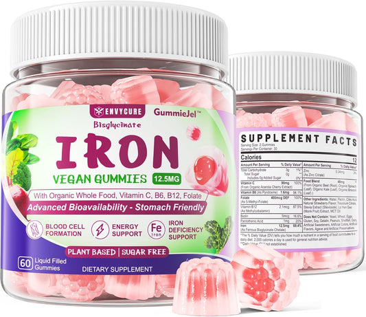 High Absorption Vegan Iron Gummies with Vitamin C, B-Complex, Folate - Iron Filled Supplement for Energy & Blood Building - 60Cts