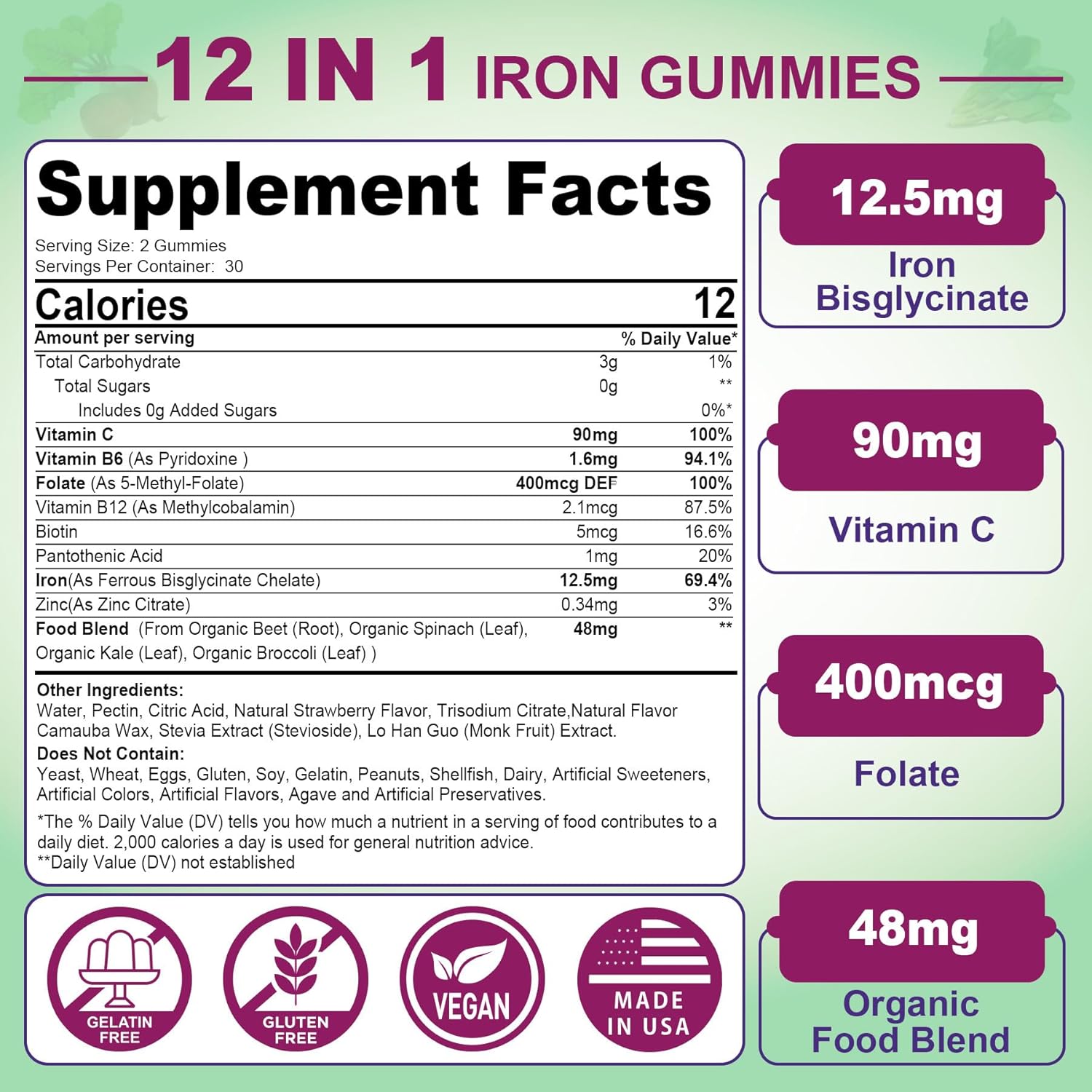 High Absorption Vegan Iron Gummies with Vitamin C, B-Complex, Folate - Iron Filled Supplement for Energy & Blood Building - 60Cts
